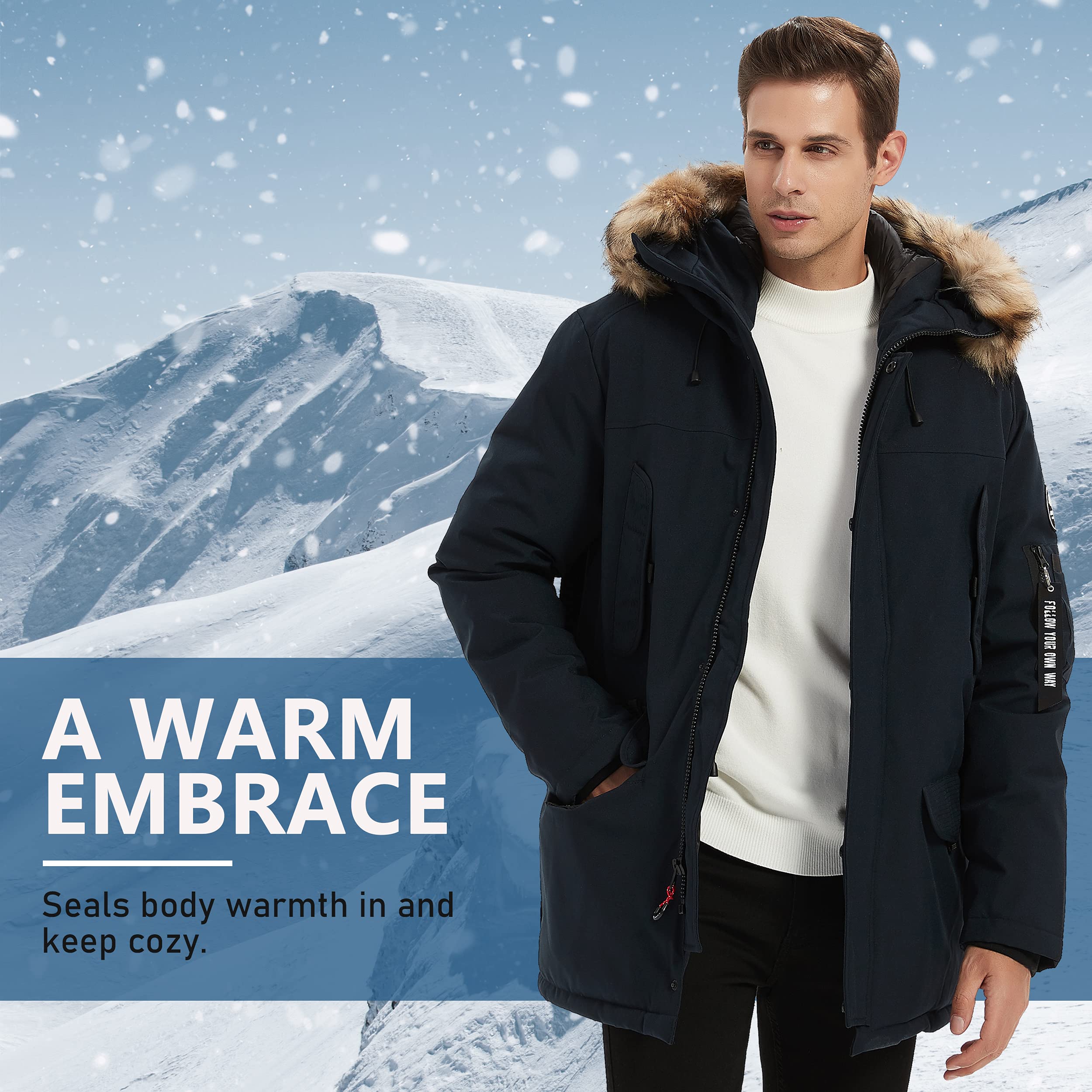 Men's Vegan Down Winter Jacket - Thick Lined Fur Hooded Long Parka Coat for Extreme Cold Weather (XS-3XL) | Perfect for Mountain Hiking, Snow Sports & Urban Winter Fashion