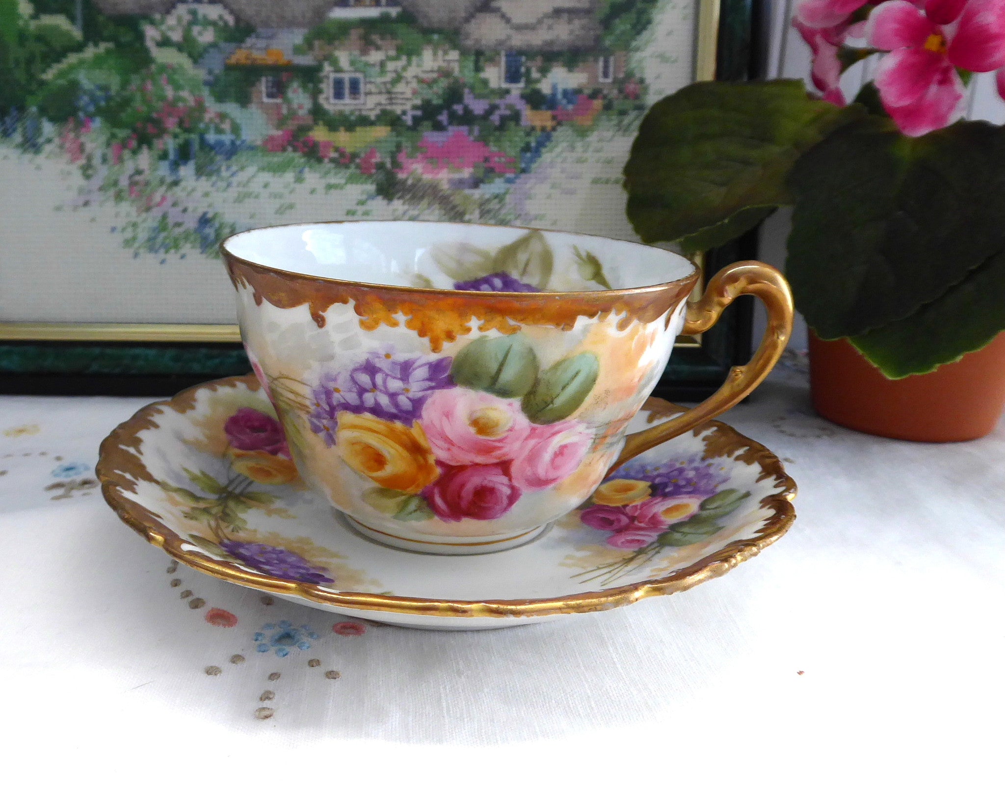 Antique Limoges Hand Painted Teacup and Saucer Set - Signed T&V Edwardian Porcelain - Perfect for Afternoon Tea, Collecting & Vintage Home Decor