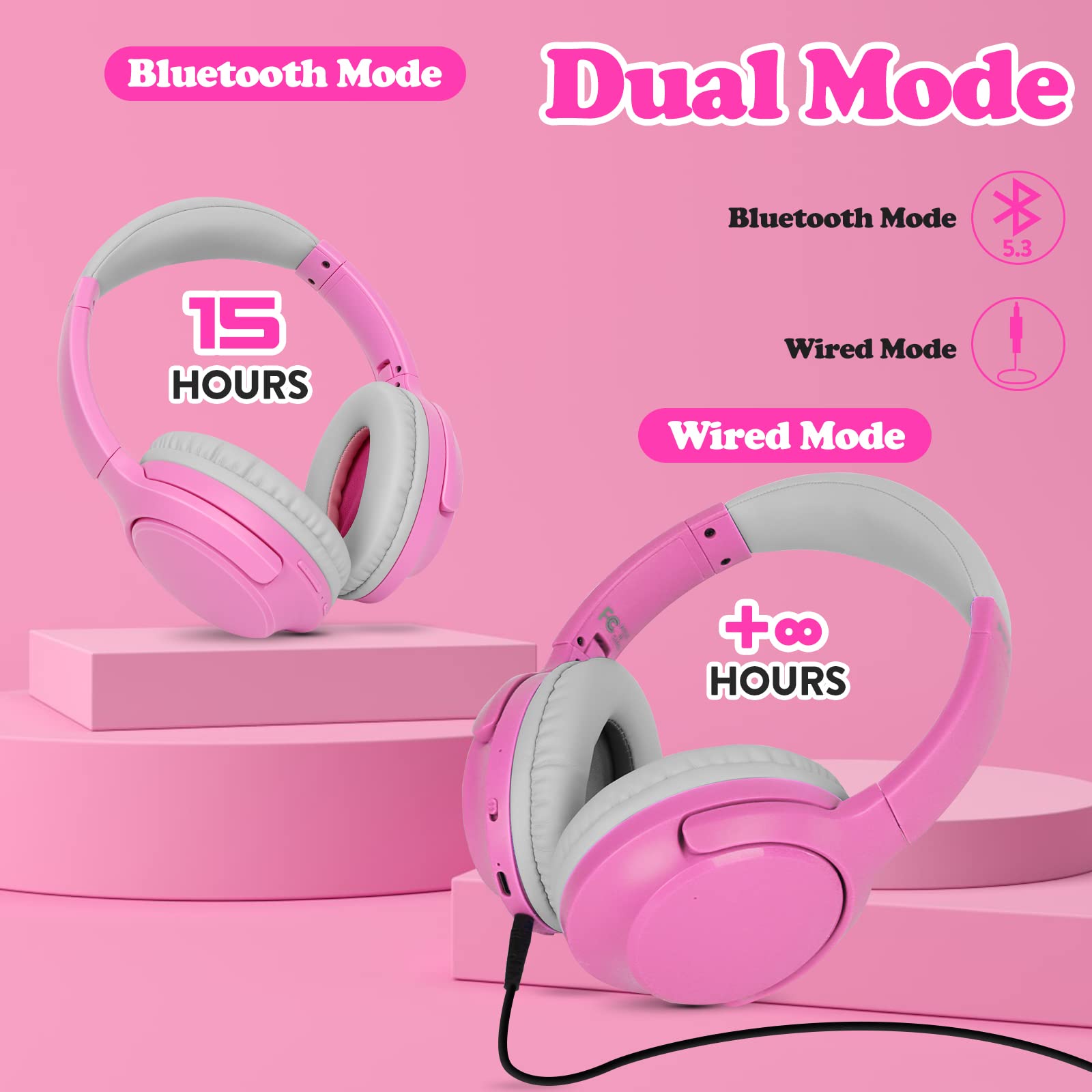 FFZ Kids Wireless Headphones with Volume Limiter - Adjustable Over-Ear Bluetooth 5.3 Headphones with Built-in Mic for Boys & Girls - Safe for School, Travel, iPad, Tablet & PC Use (Pink) - Perfect for Online Learning, Airplane Rides & Home Entertainment