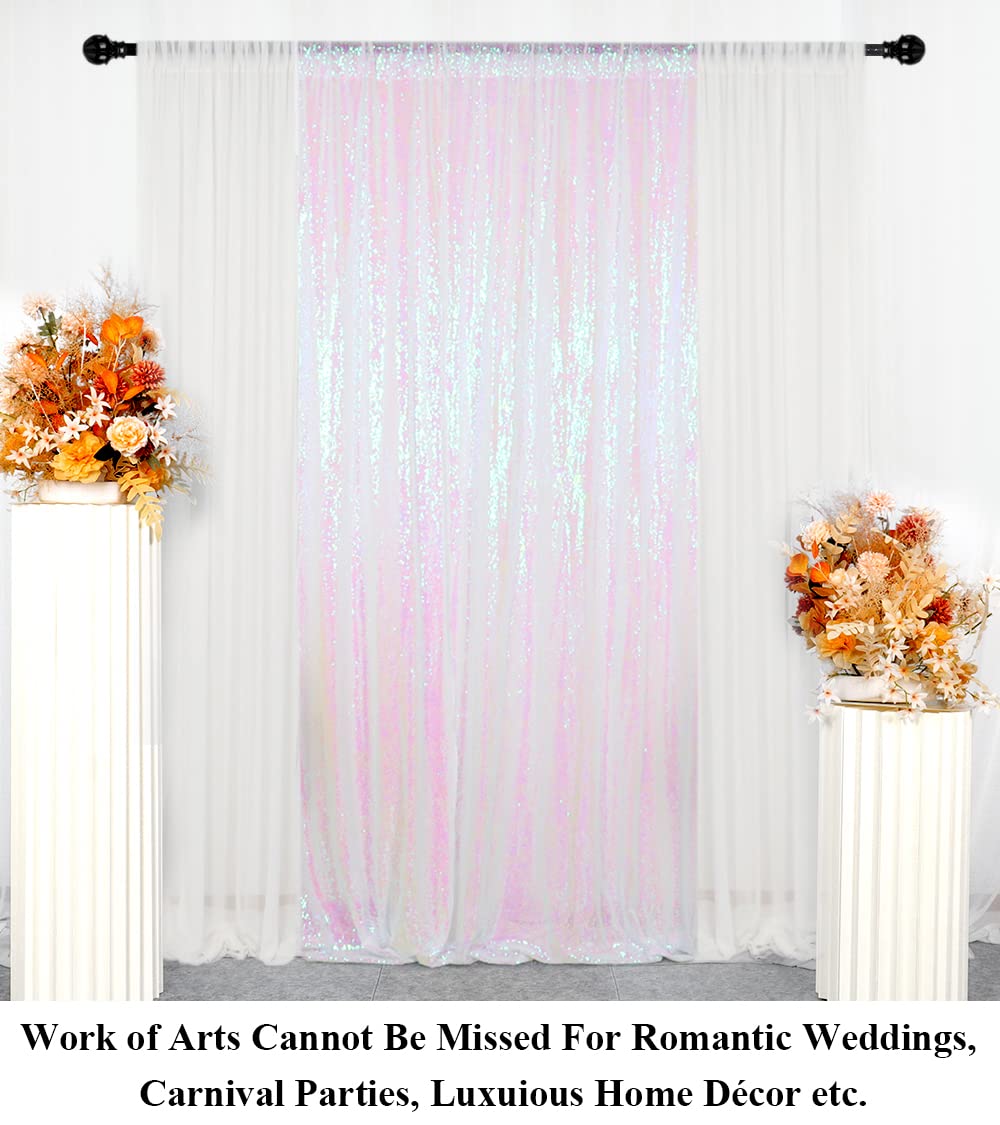 4ftx7ft Sequin Photo Backdrop - Glitter Photography Fabric for Wedding, Party & Events | Blackout Curtain for Indoor & Outdoor Use (Iridescent White)