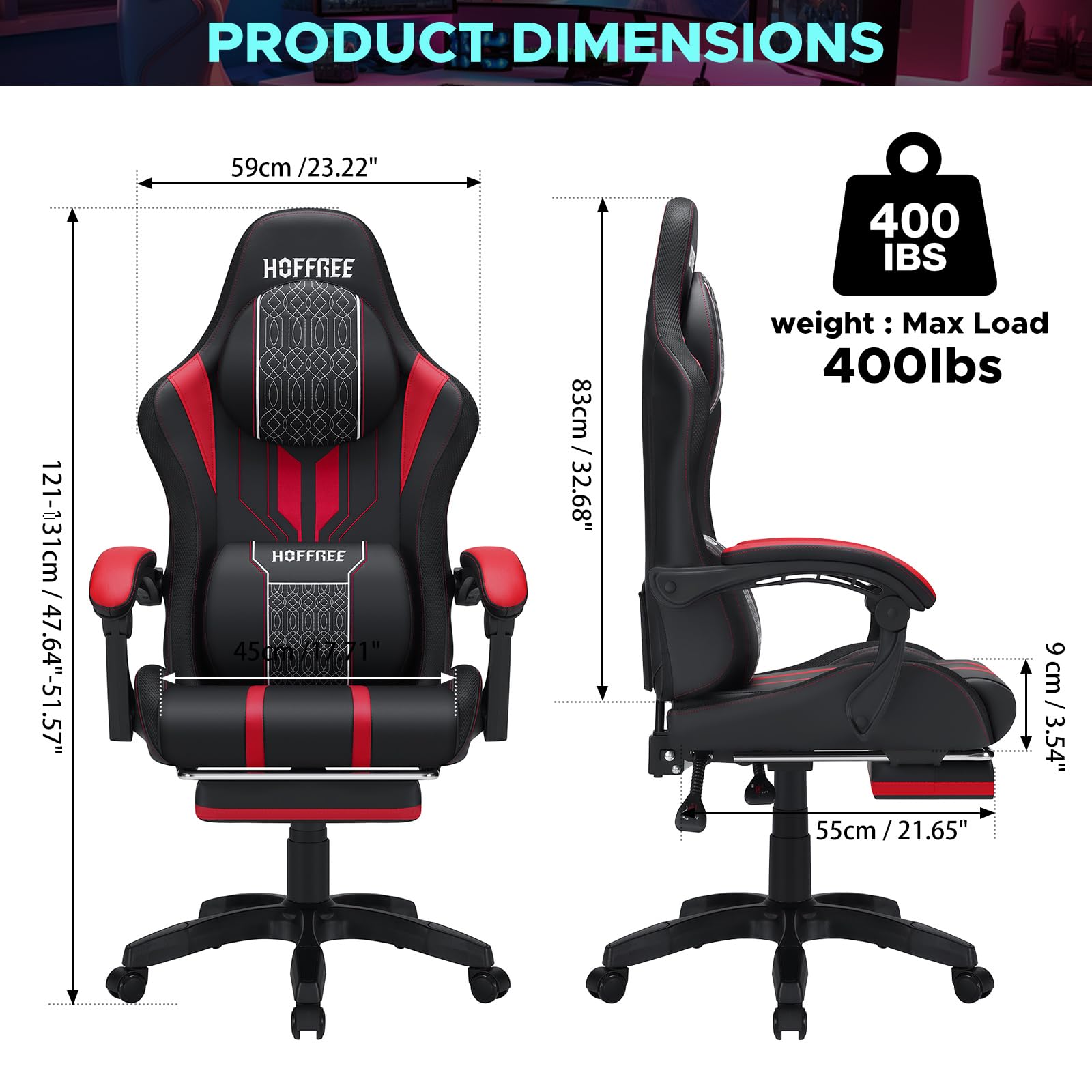 HOFFREE Ergonomic Gaming Chair with Adjustable Footrest & Lumbar Massage - Heavy Duty 400lb Capacity Big and Tall Computer Chair for Adults (Red/Black) - Perfect for PC Gaming, Office Work & Home Theater Relaxation