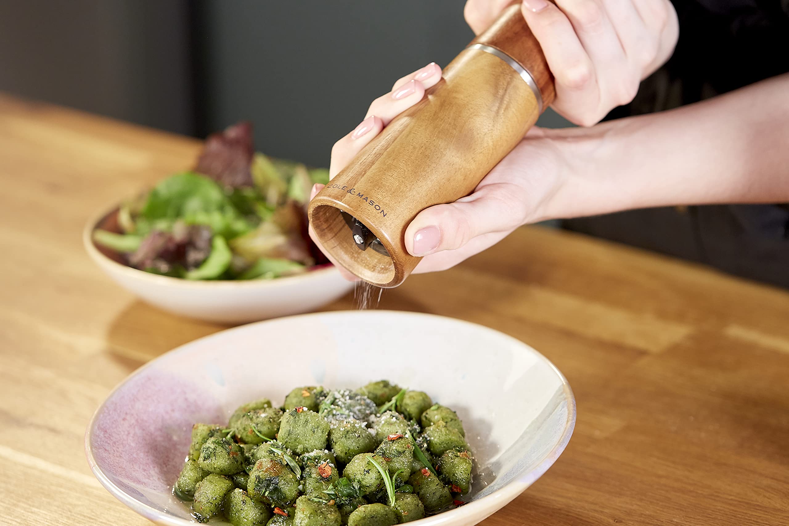 Cole & Mason Marlow Acacia Wood Pepper Mill - Precision+ Grinder, 185mm, Single with Lifetime Mechanism Guarantee - Perfect for Kitchen, Dining Table & Gourmet Cooking