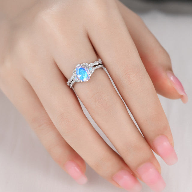 Natural Rainbow Moonstone & Moissanite Oval Bridal Engagement Ring Set - Perfect for Proposals, Weddings, and Anniversary Gifts