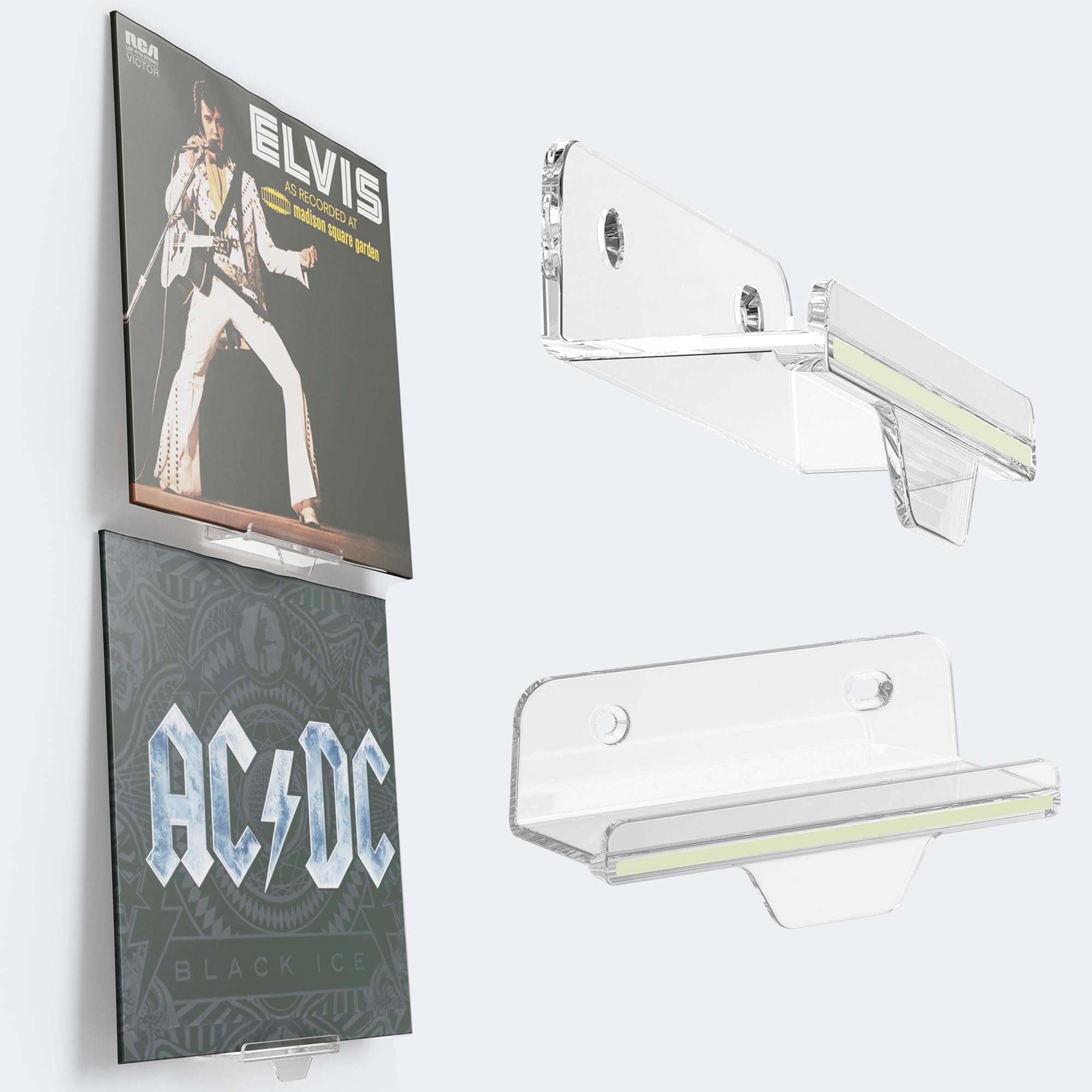 10 Pack Clear Vinyl Record Wall Mount Holder - 4 Inch Glow in the Dark Album Shelf with Fluorescent Strip for Vinyl Records, DVDs, Photos & Makeup - Perfect for Bedroom, Living Room & Music Studio Organization