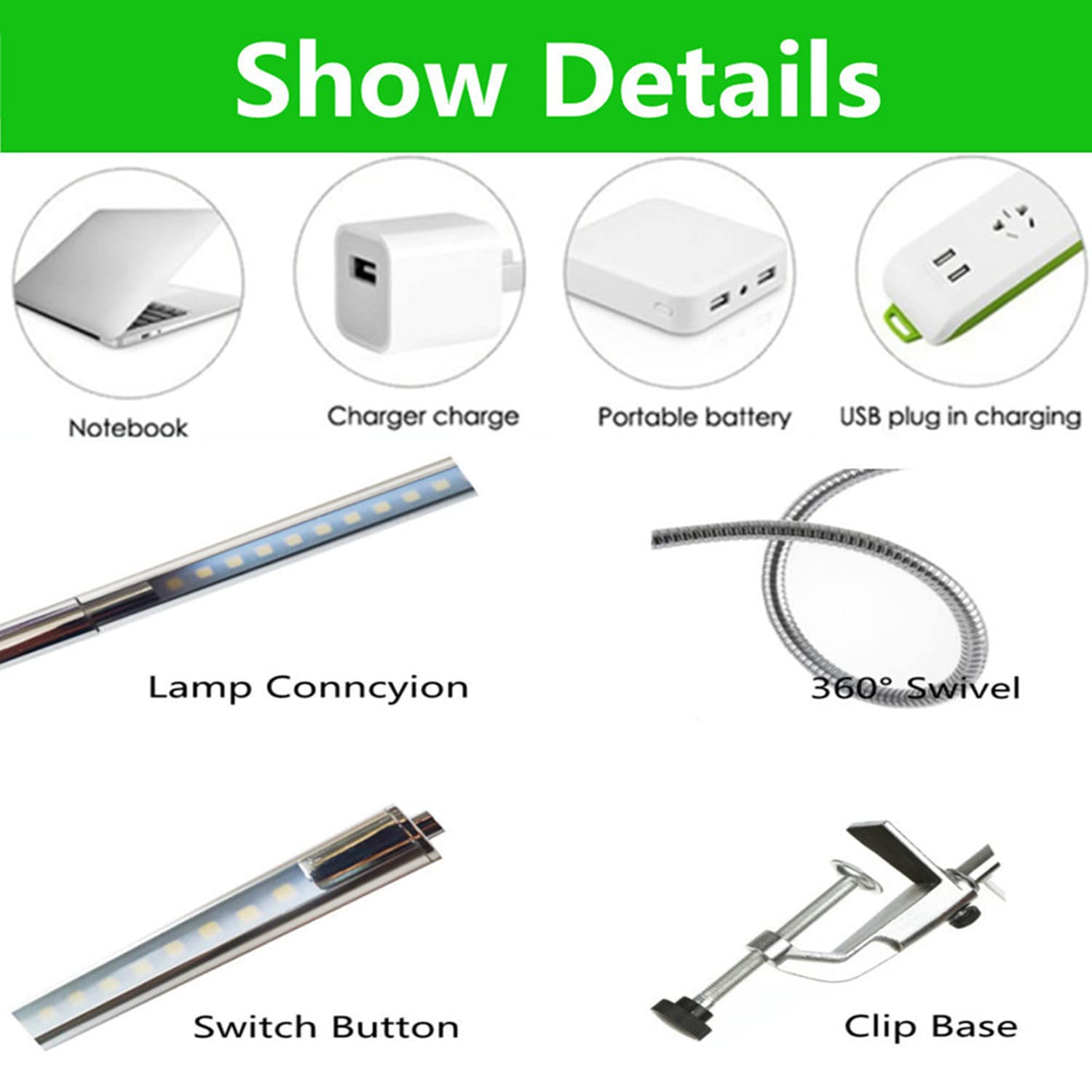 Lishumei USB LED Desk Lamp - Adjustable Clip On Gooseneck Light with 360° Swivel & Touch Switch, Eye Care Reading Lamp for Manicure, Tattoo, Study, Office & Home Use