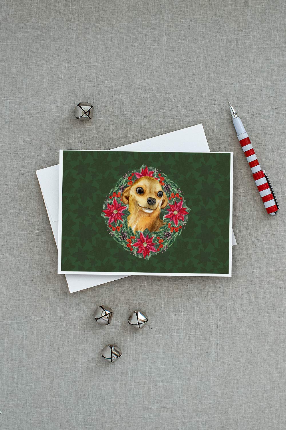 Chihuahua Poinsettia Wreath Greeting Cards - Pack of 8 Blank A7 Note Cards (5x7) with Envelopes | Whimsical Holiday Cards for Christmas Gifts, Thank You Notes & Seasonal Greetings