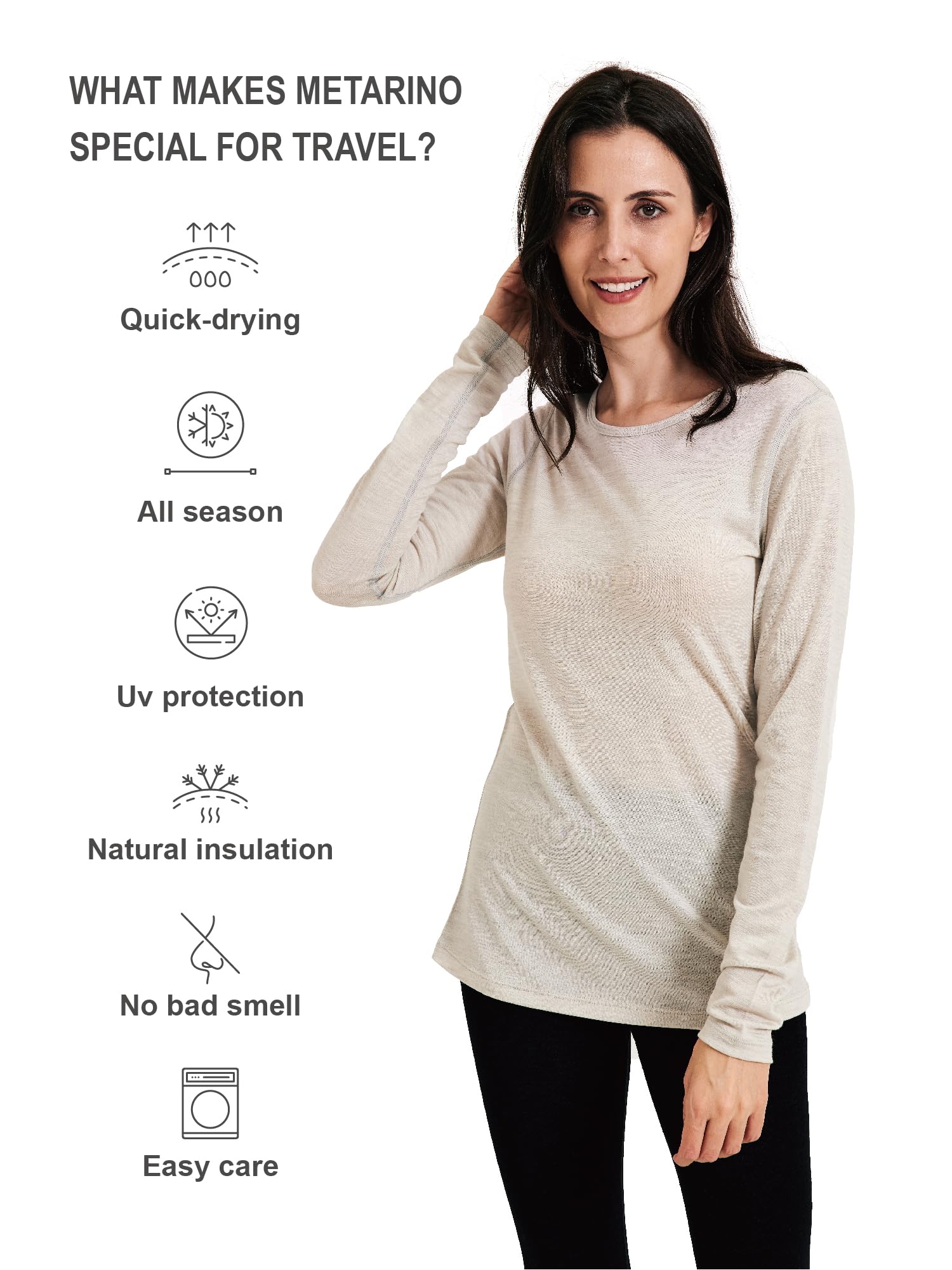 100% Merino Wool Women's Thermal Base Layer Shirt - Long Sleeve Crewneck Underwear Top for Hiking, Skiing & Winter Travel - Warm Layering for Outdoor Activities & Cold Weather