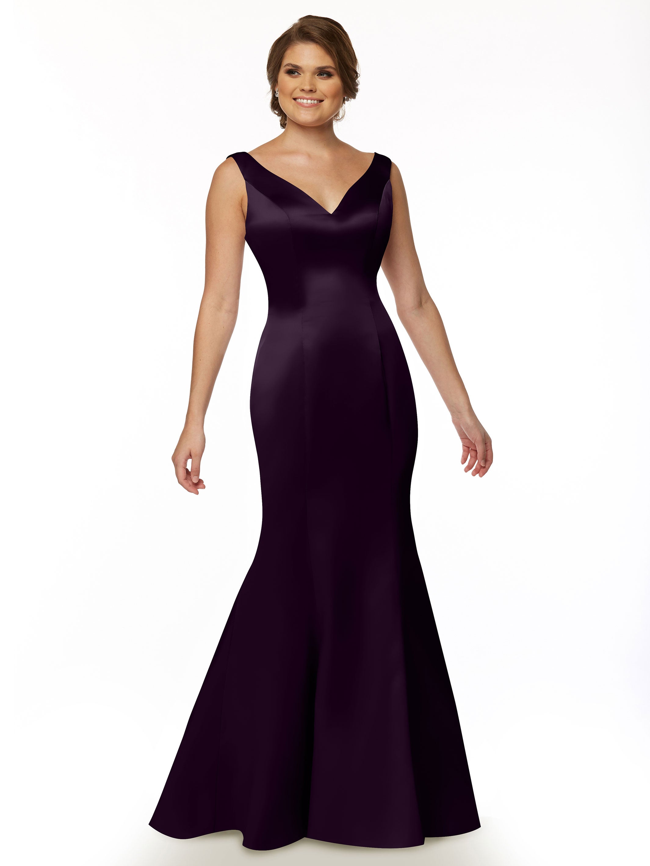 Elegant 80078 Fit and Flare Satin Bridesmaid Dress with V-Neckline & Ruffled Back - Perfect for Weddings, Proms, and Formal Events