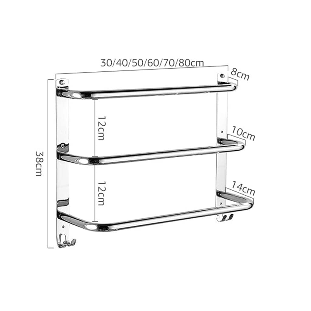 Stainless Steel 3-Bar Wall Mounted Towel Rack with 2 Hooks - 60cm/23.6in Bathroom Towel Holder, Waterproof & Durable for Kitchen, Laundry Room, Spa, Gym Locker Room