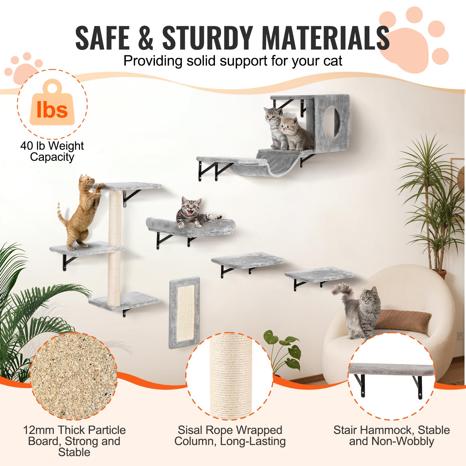 VEVOR Wall Mounted Cat Shelves Set of 6 - Cat Climbing Furniture with Perches, Jumping Boards, Hammock & Sofa - 40 lbs Capacity for Indoor Cats - Perfect for Play, Sleep & Climbing in Living Rooms & Bedrooms