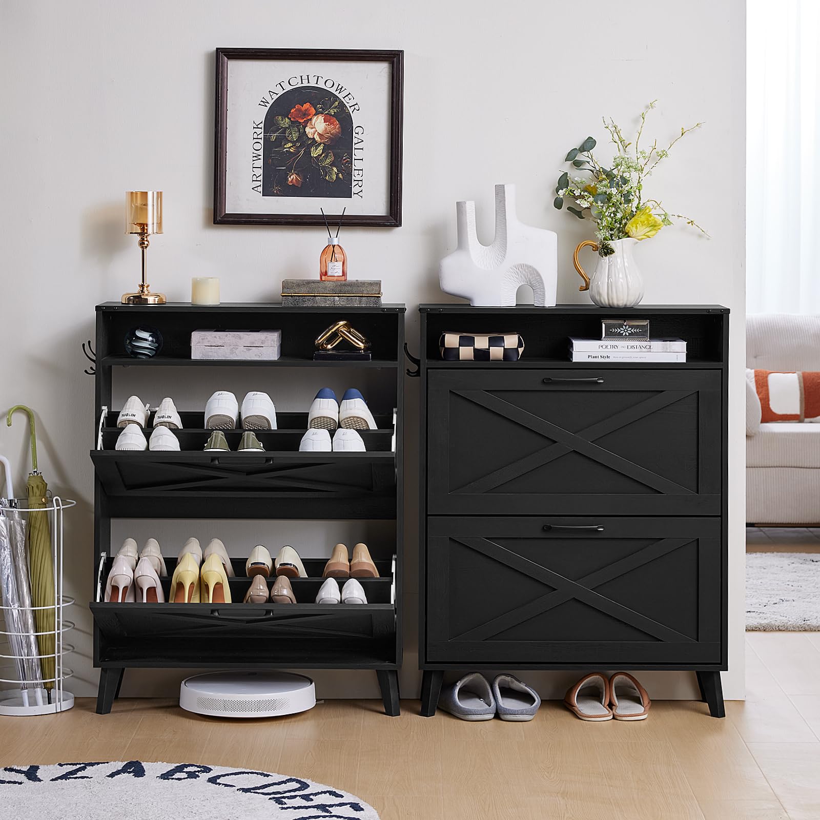 Farmhouse Shoe Storage Cabinet with 2 Flip Drawers - Narrow Entryway Organizer with Wooden Legs & Open Storage - Free Standing Closet for Foyer, Hallway, Bedroom - Perfect for Small Spaces & Home Organization (Black)