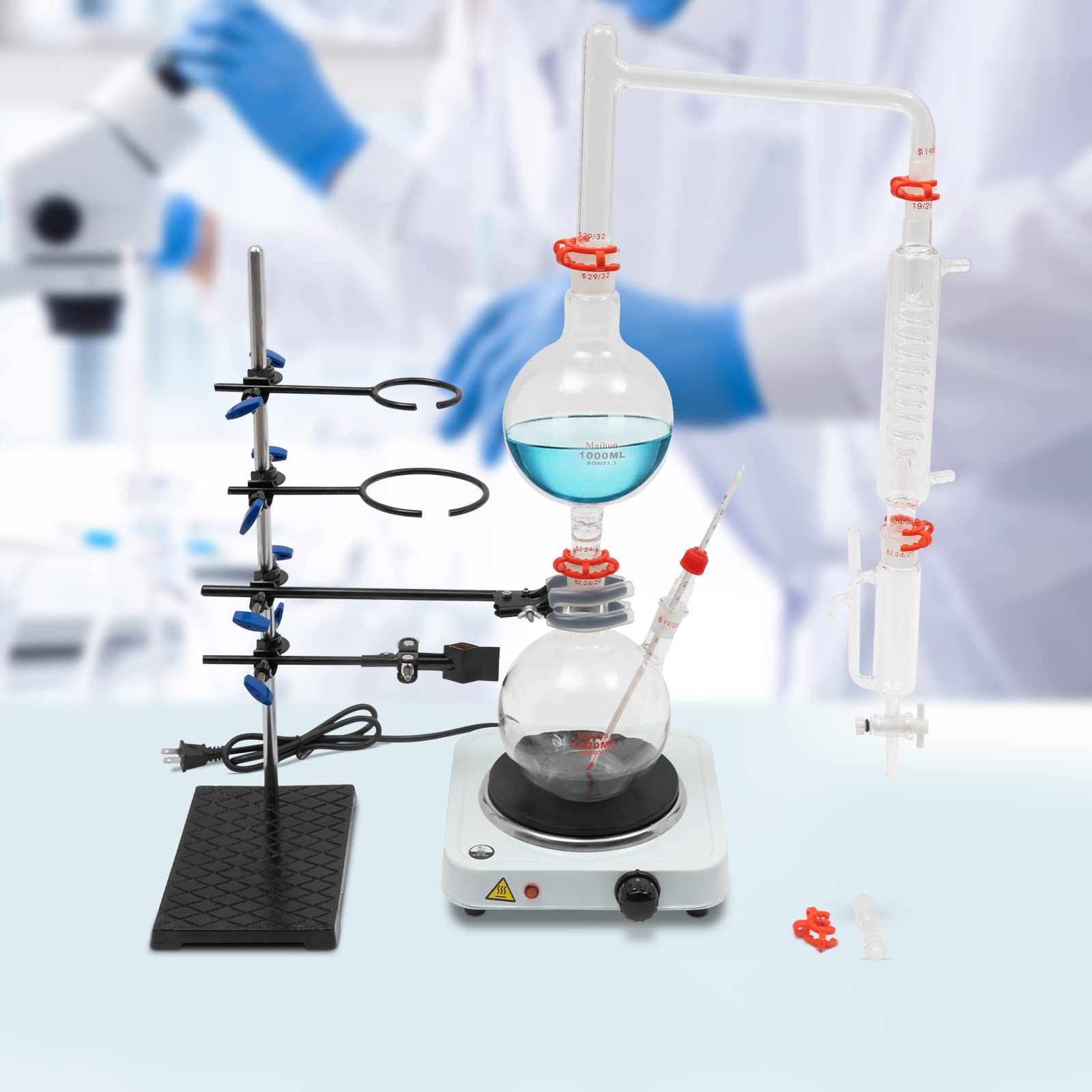1000ml Essential Oil Distillation Kit - Lab Glassware Set with Graham Condenser & Hot Stove, 19/26 & 24/29 & 29/32 Joints - Perfect for Aromatherapy, Herbal Extraction & Home Distilling