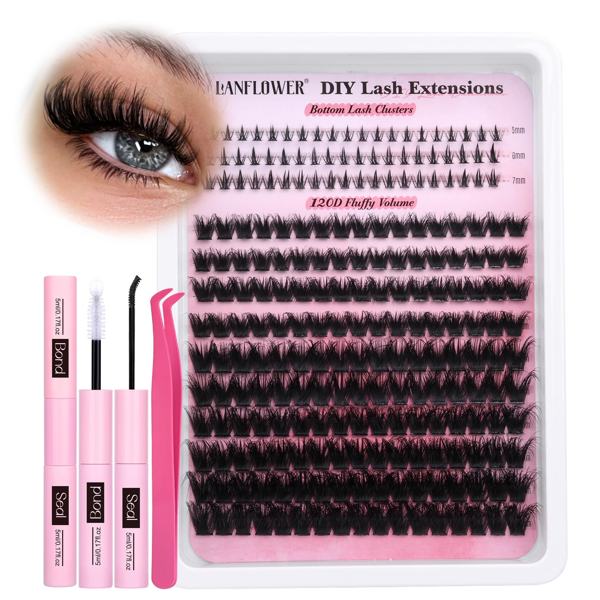 Lanflower Lash Clusters Kit with Bottom Lashes - 120D Thick Volume Waterproof Eyelash Extensions | D Curl Fluffy Individual Lashes 10-18mm | Perfect for Daily Wear, Special Occasions & Professional Makeup