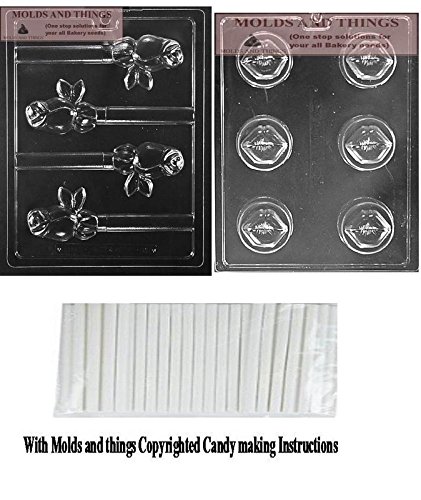 Valentine's Day Chocolate Candy Molds Set - Lip & Rose Pretzel POP Silicone Molds for Baking, DIY Candy Making with 25 Sticks & Copyrighted Instructions - Perfect for Valentine's Gifts, Party Favors, and Holiday Treats