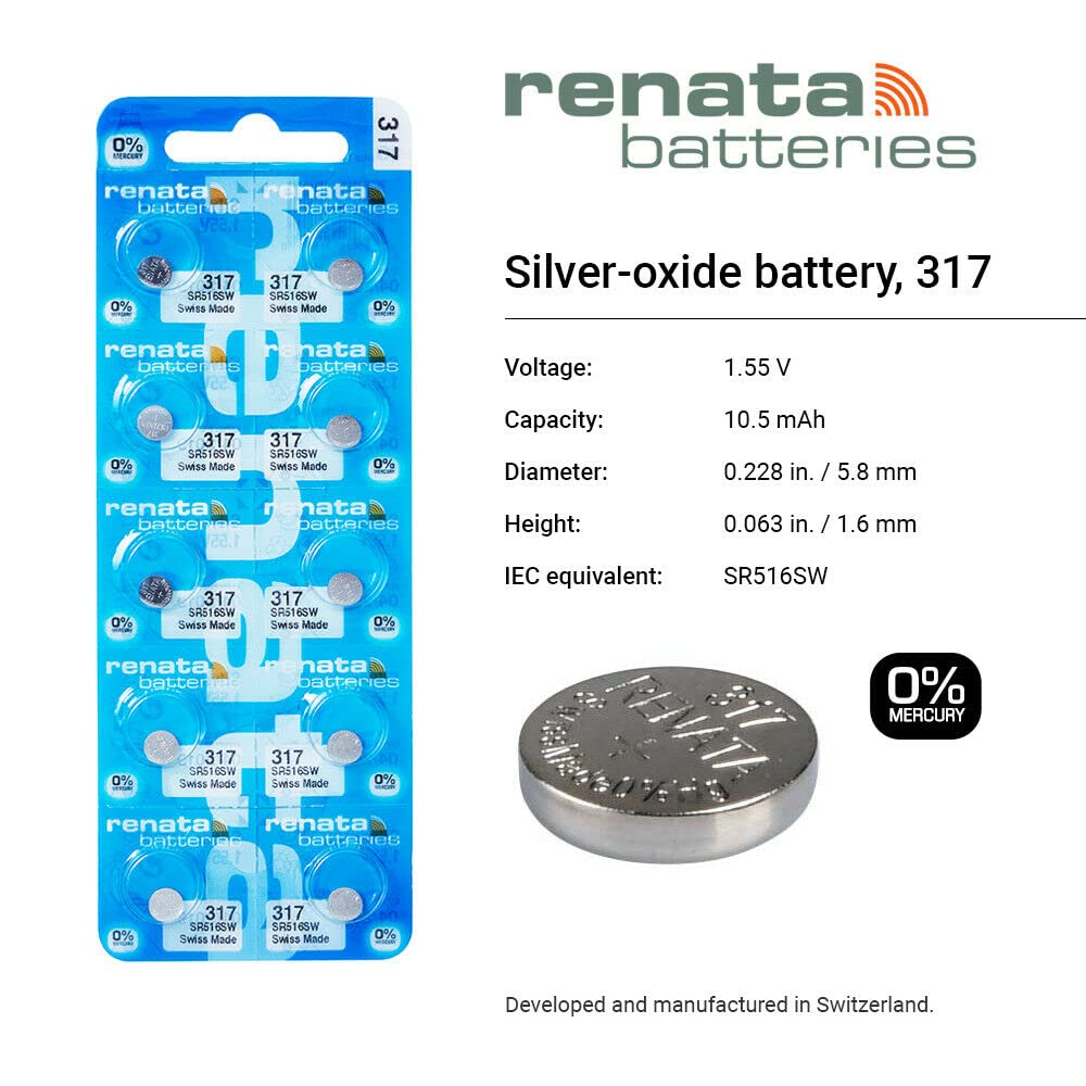 Renata 317 SR516SW 1.55V Silver Oxide Watch Batteries (2-Pack) - Perfect for Luxury Watches, Medical Devices & Precision Instruments