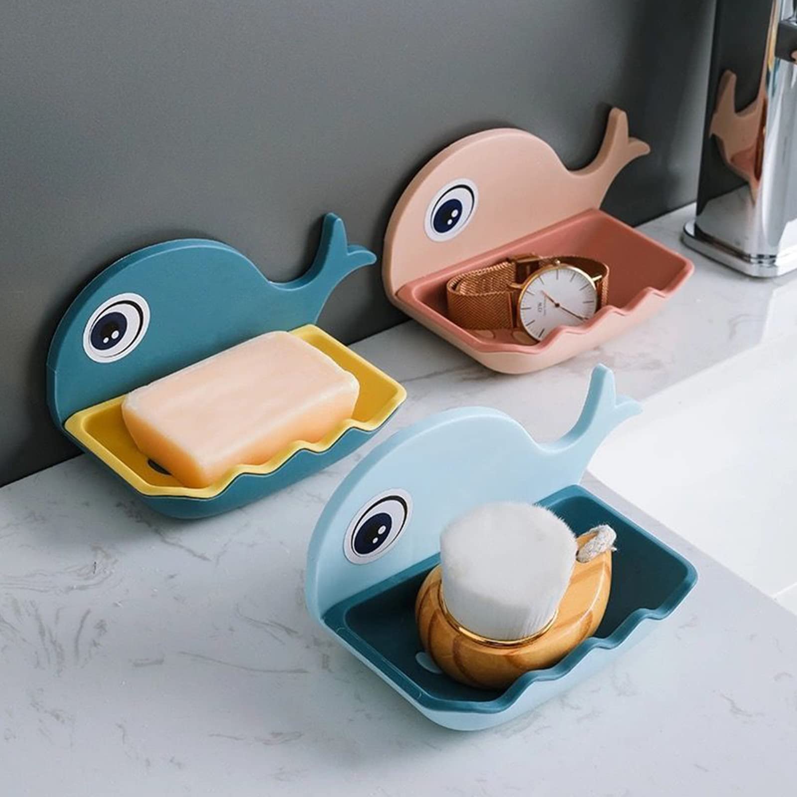 Wolpin Soap Holder for Bathroom & Kitchen - Wall Mounted Soap Dish with Magic Stickers, Fish Design (Pack of 2, Random Color Plastic) - Perfect for Sink, Shower, and Countertop Organization