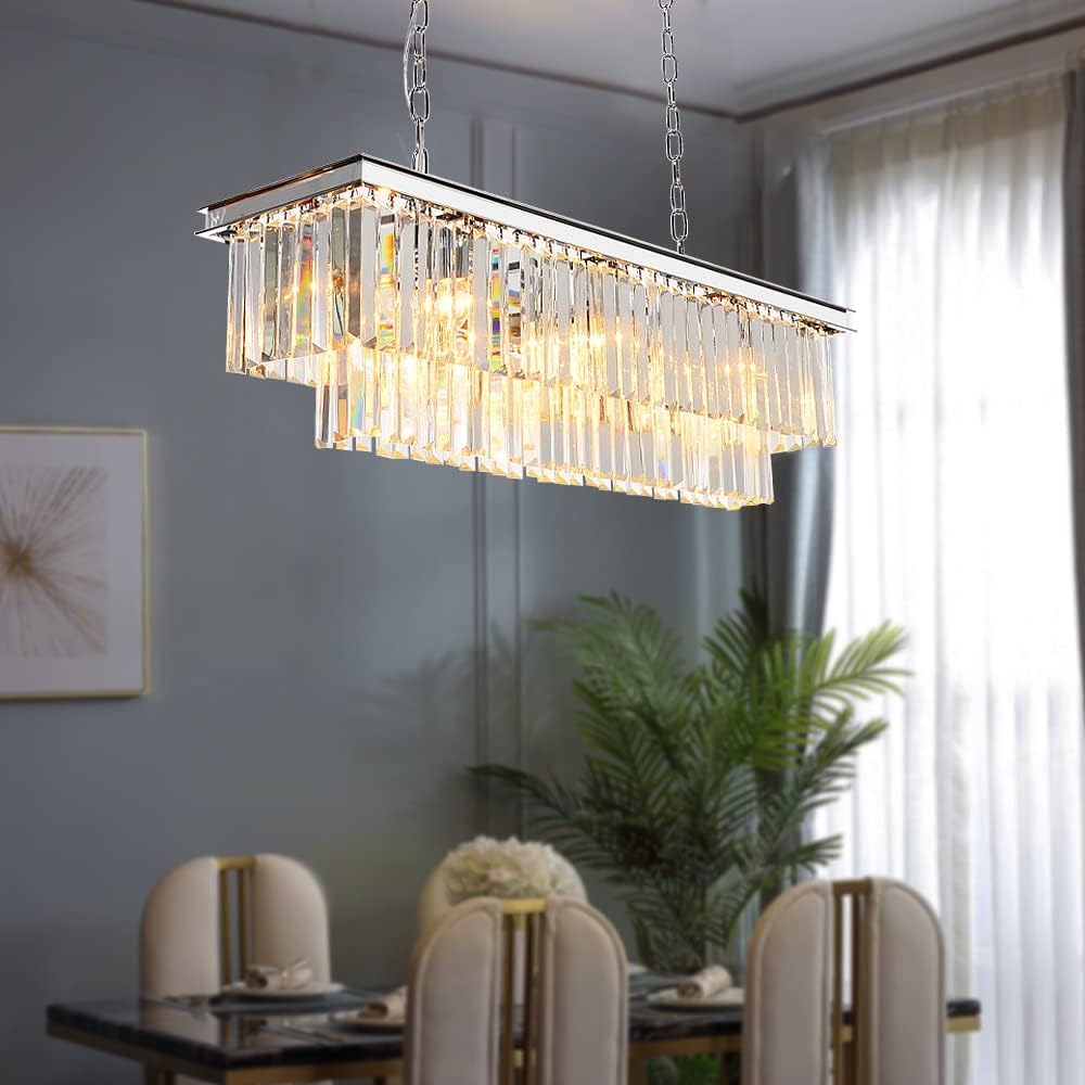 Luxury Modern Chrome Rectangular Crystal Chandelier - 8-Light Pendant Ceiling Light Fixture for Dining Room, Kitchen Island | Elegant Lighting for Home Decor, Wedding Venues & Luxury Restaurants