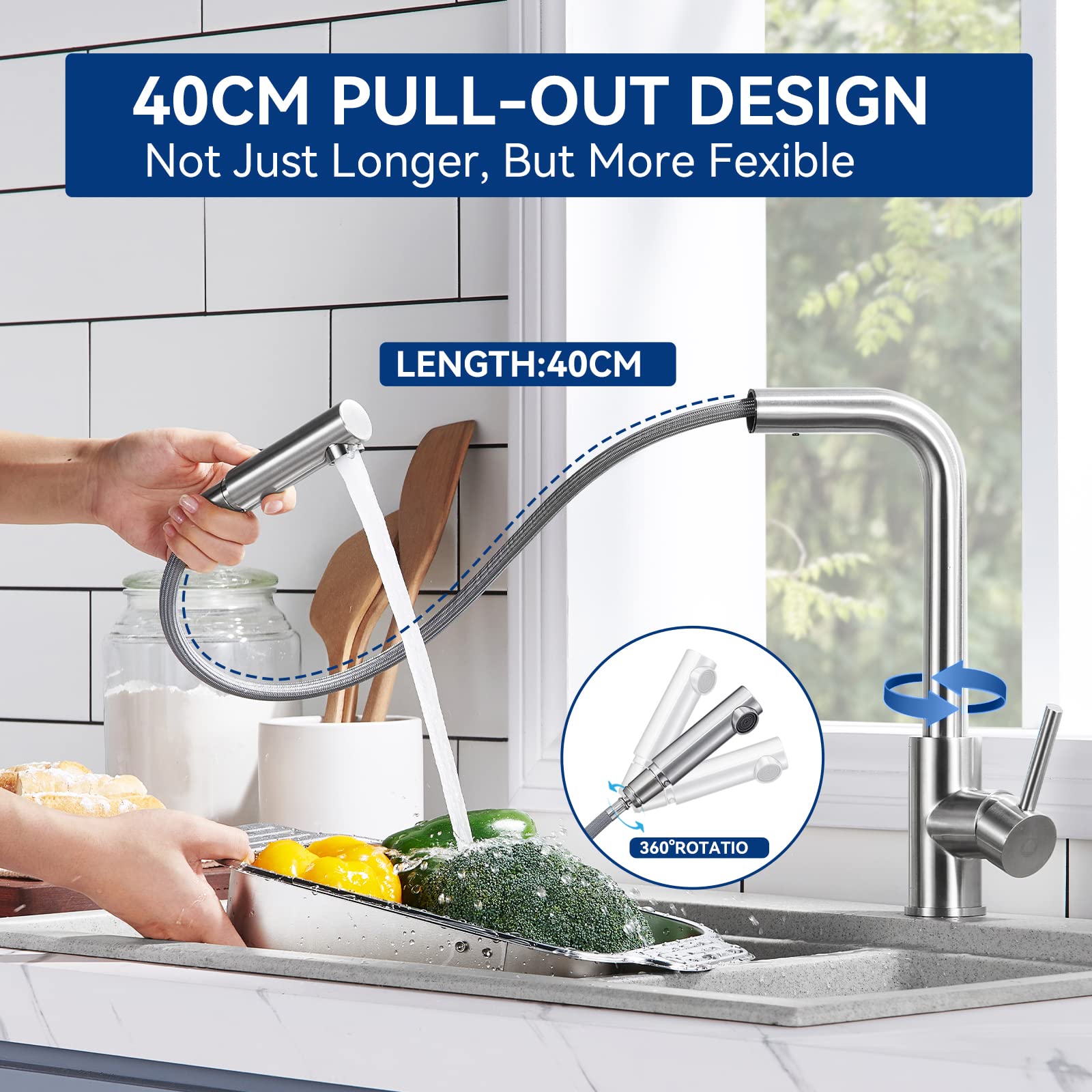 CECIPA Stainless Steel Pull-Out Kitchen Faucet with 360° Swivel Sprayer & Removable Aerator - No Drip Design for Modern Home Kitchen Sink (Ideal for Washing Dishes, Filling Pots & Cleaning Countertops)