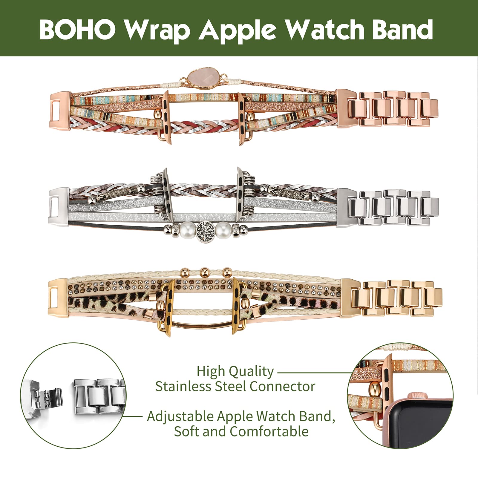 Boho Leather Apple Watch Band Compatible with Series 10/9/8/7/6/SE/Ultra 2/5/4/3/2/1 - Adjustable Wrap Strap for 38mm 40mm 41mm 42mm 44mm 45mm 46mm 49mm - Fashionable Unisex Bracelet for Workout, Office & Casual Wear