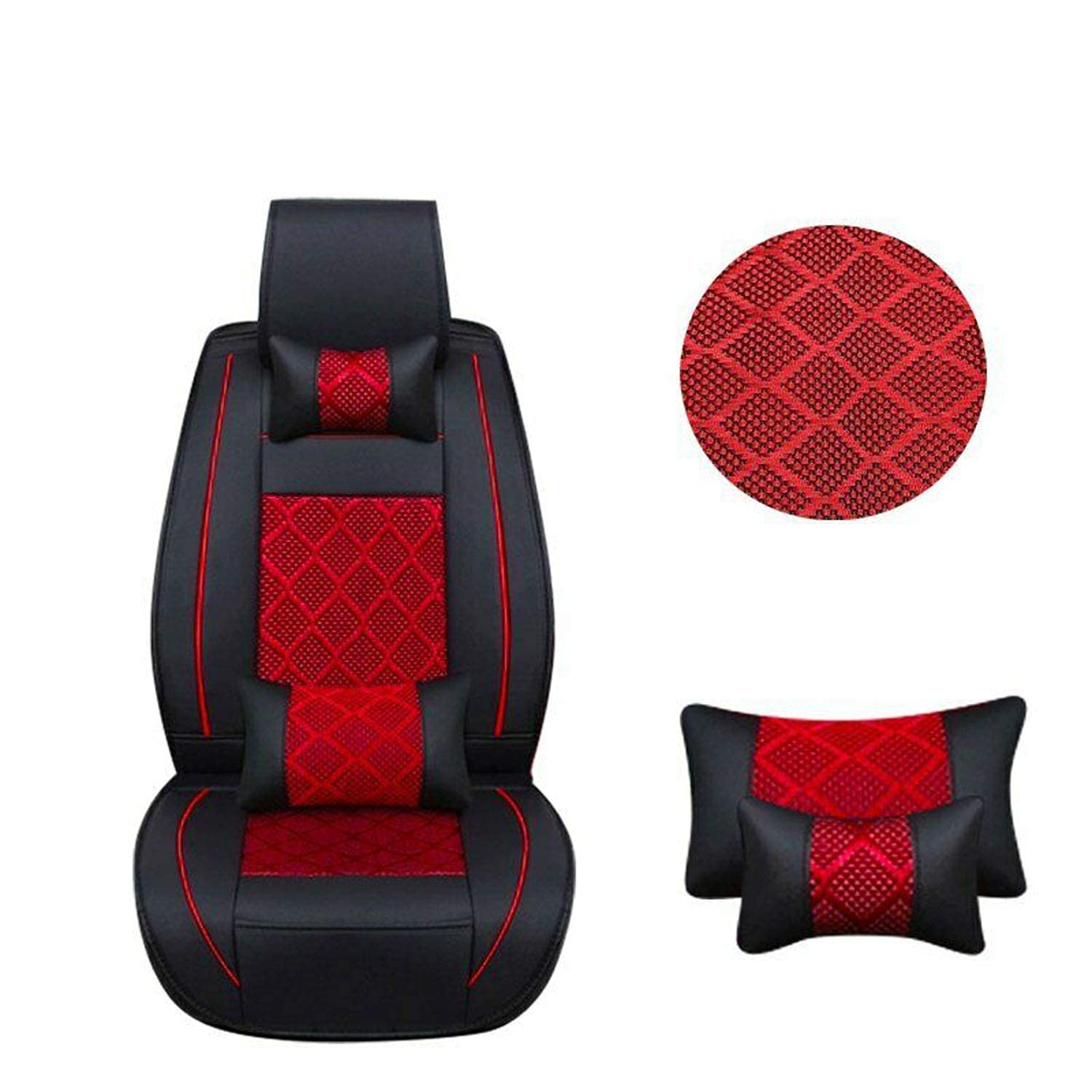 TYFYB 5-Seat Car Seat Cover Set - Cooling Mesh & PU Leather Front & Rear Seat Protectors with Pillows (Black/Red) - All Season Universal Fit for Cars, SUVs, Trucks - Perfect for Road Trips, Daily Commute & Pet Protection