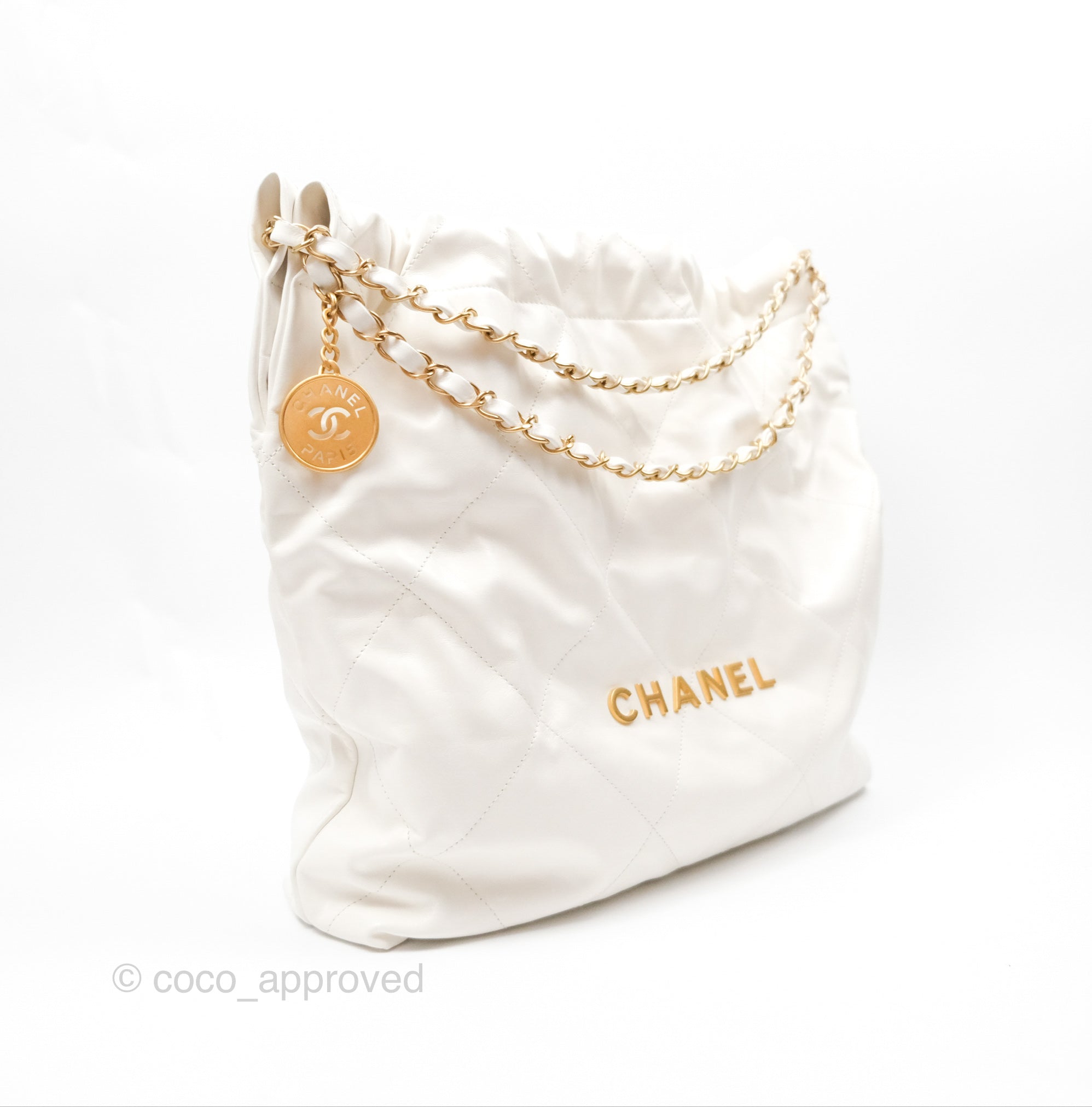 Chanel 22 Medium Handbag in White Shiny Calfskin with Aged Gold Hardware - Luxury Designer Shoulder Bag for Women, Perfect for Work, Date Night & Special Occasions