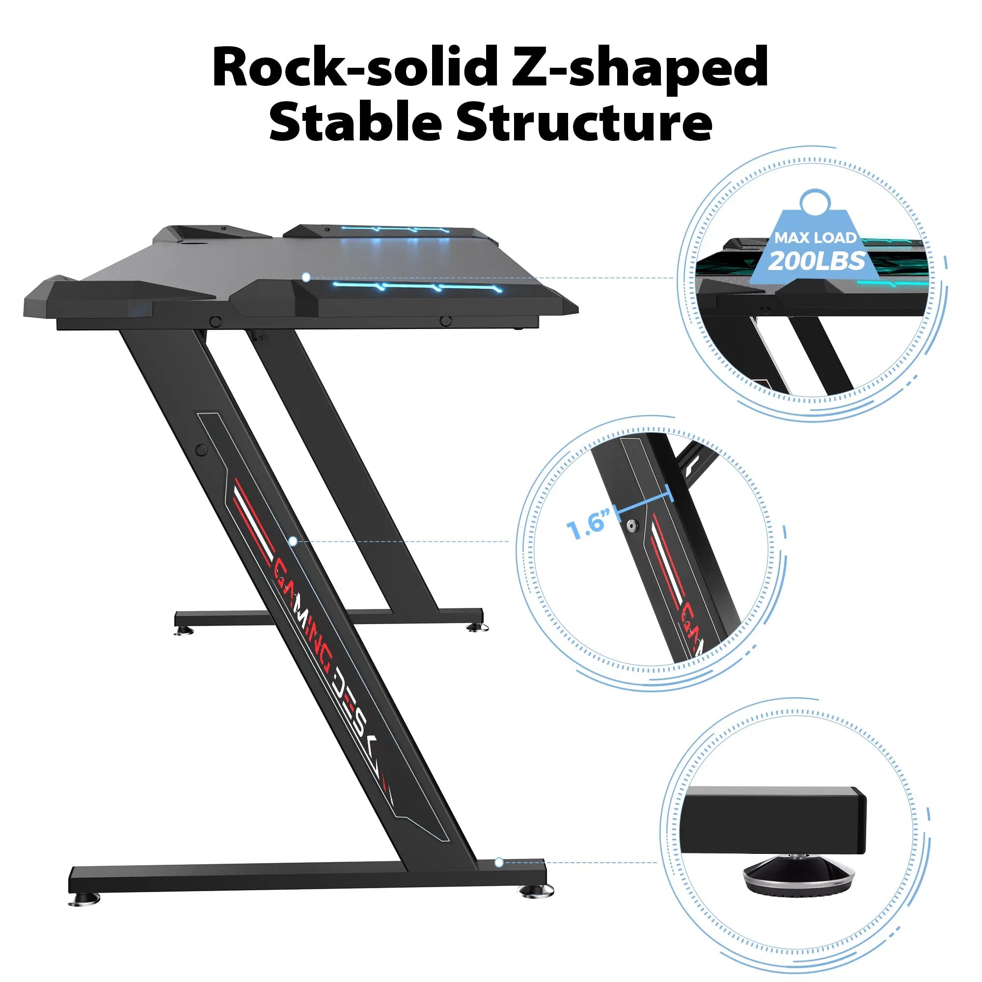 Premium Z-Shaped Gaming Desk 61x25 Inches - Sturdy & Spacious Computer Desk for Gamers, Streamers & Home Office - Ergonomic Design for PC, Monitor & Accessories
