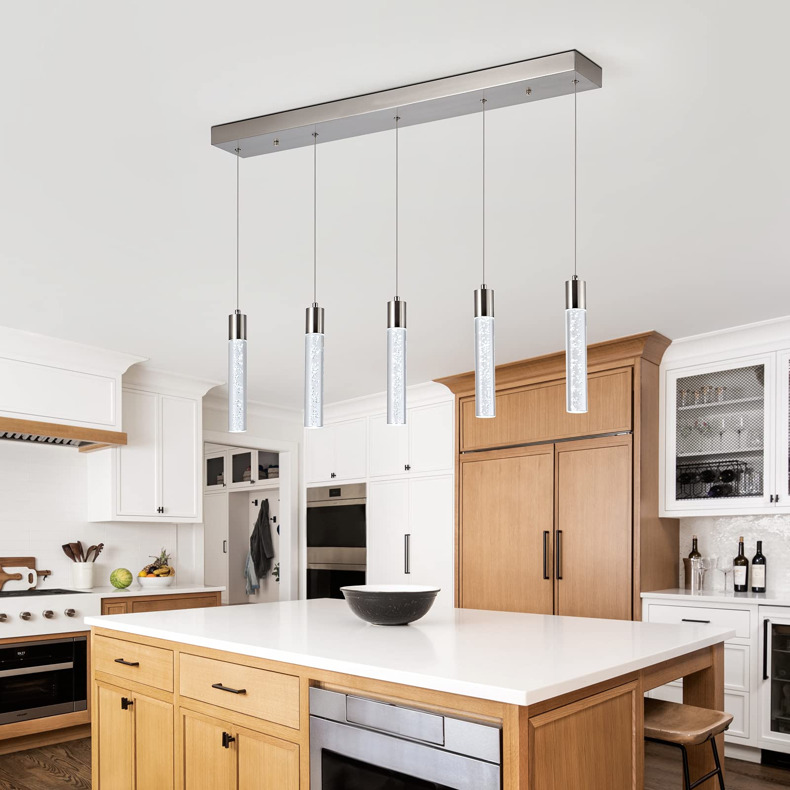 Modern 5-Light Dimmable LED Pendant Lighting for Kitchen Island - Crystal Accent Ceiling Fixture, 40W 6000K Cool White, Perfect for Dining Room & Breakfast Bar Lighting