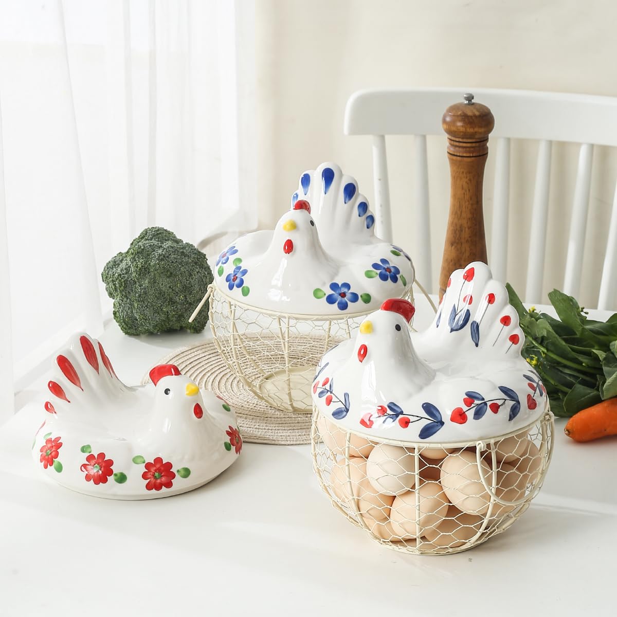 Ceramic Chicken Egg Holder with Wire Basket - Decorative Countertop Egg Storage for 2 Dozen Eggs - Perfect for Farmhouse Kitchens, Breakfast Buffets & Fresh Egg Display