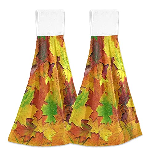 2 Pack Super Absorbent Hanging Kitchen Towels with Loop - Soft Coral Velvet Dish Towels for Kitchen & Bathroom | Autumn Maple Leaves Design | Perfect as Washcloths, Hand Towels & Tie Towels for Home Decor