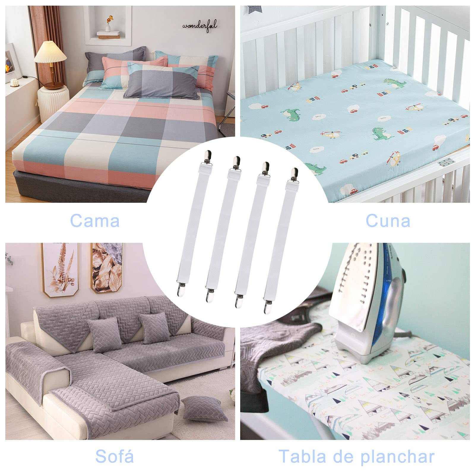 ZOCONE 8-Pack Elastic Sheet Straps - Adjustable Bed Sheet Holders (65-240cm Range) - White Mattress Grippers for Sofa Covers & Fitted Sheets - Keep Bedding Neat & Secure for Hotels, Dorms, and Home Use