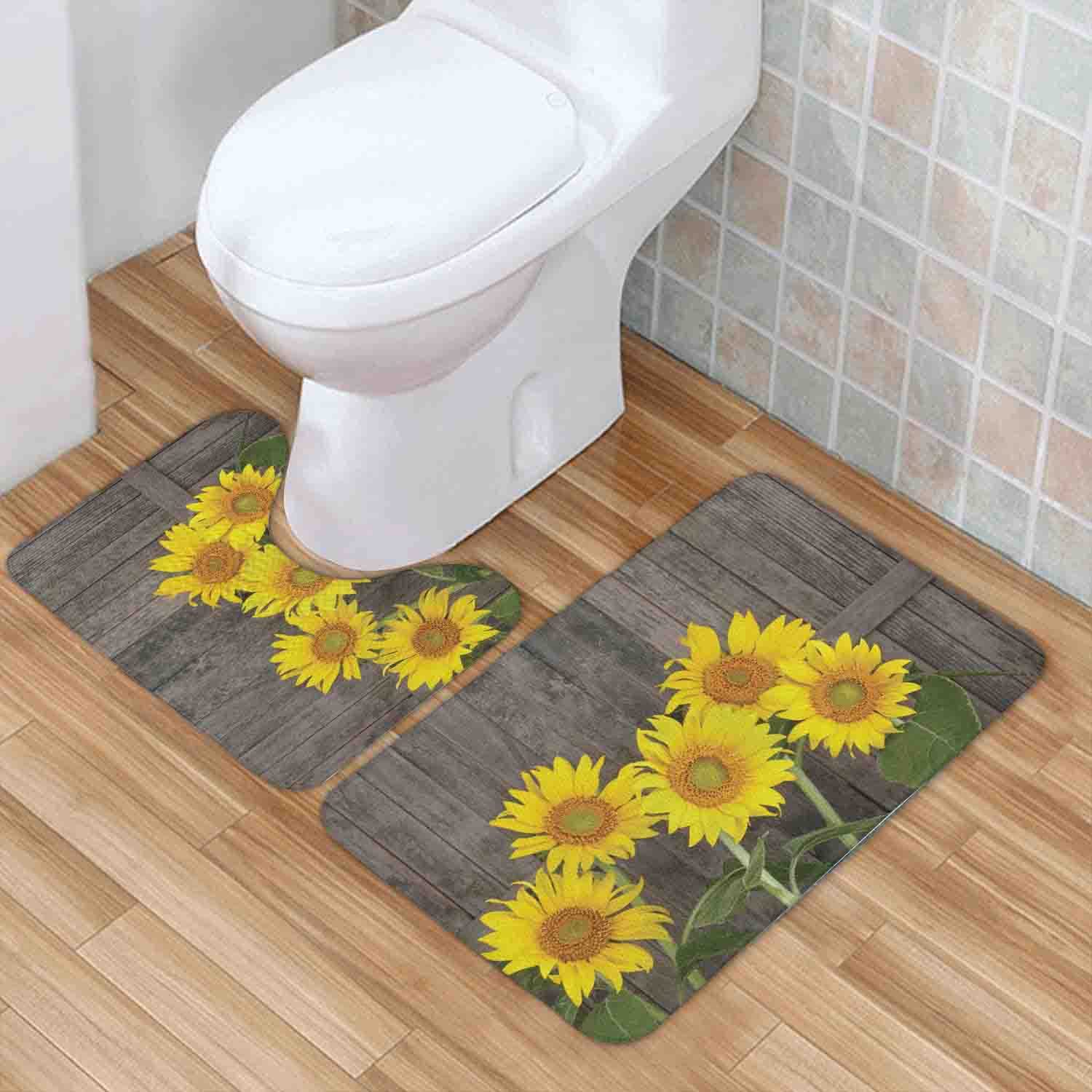 Non-Slip Microfiber Bathroom Rug Set 2-Piece - Sunflower Garden Design 31x20 Inch, Machine Washable Brown & Yellow Bath Mat - Perfect for Bathroom, Shower, and Laundry Room Floor Protection