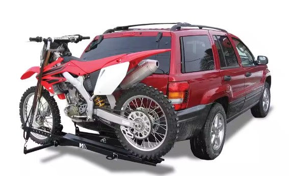 DK2 TMC201 400 lb Capacity Hitch Mounted Motorcycle Carrier - Adjustable Front Wheel Channel for Secure Transport | Perfect for Trucks, SUVs & RVs | Heavy-Duty Motorcycle Hauling for Road Trips & Off-Road Adventures