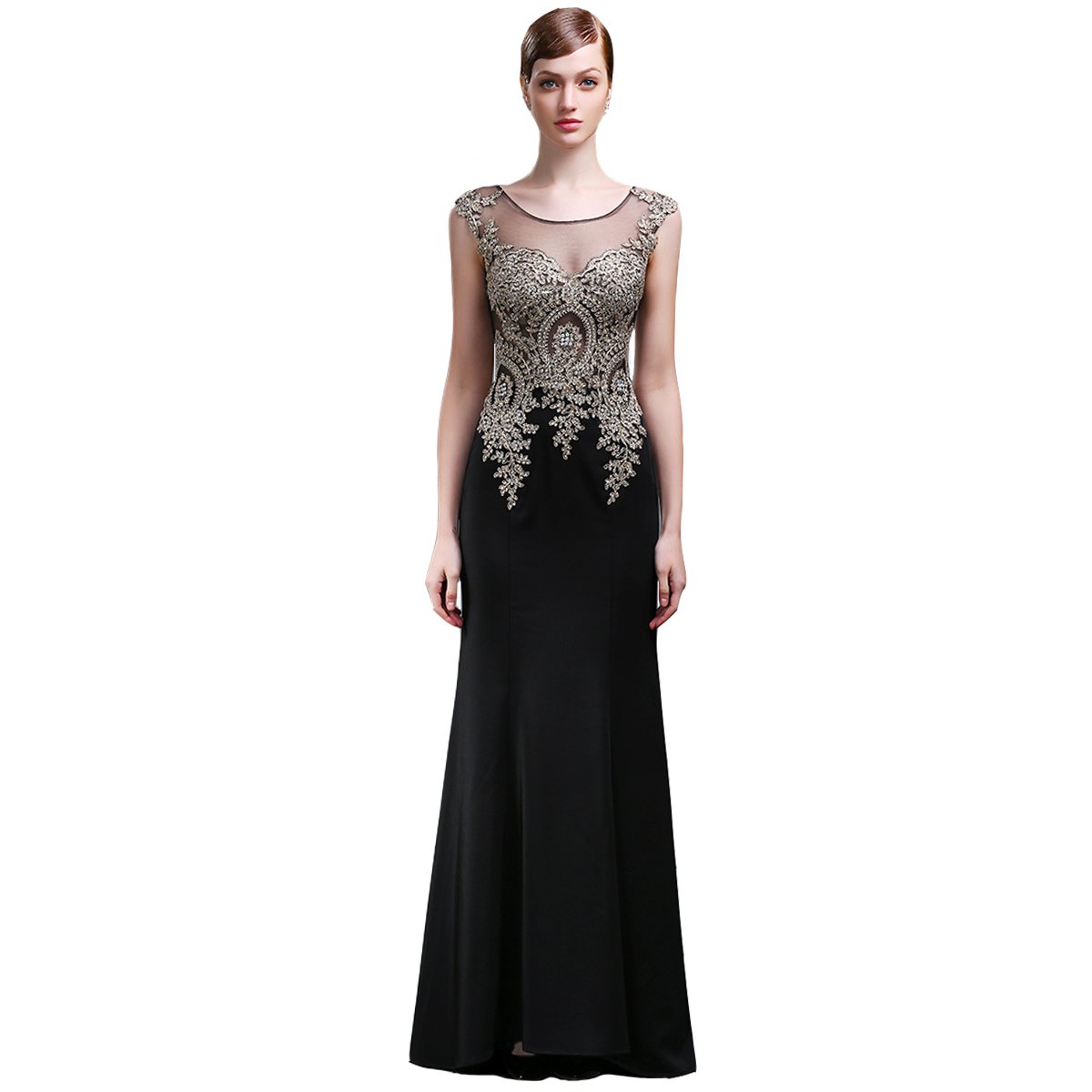 Lemai Black Crystal Gold Lace Sheer Mermaid Prom Dress - Elegant Formal Evening Gown for Homecoming, Wedding Guest & Special Occasions