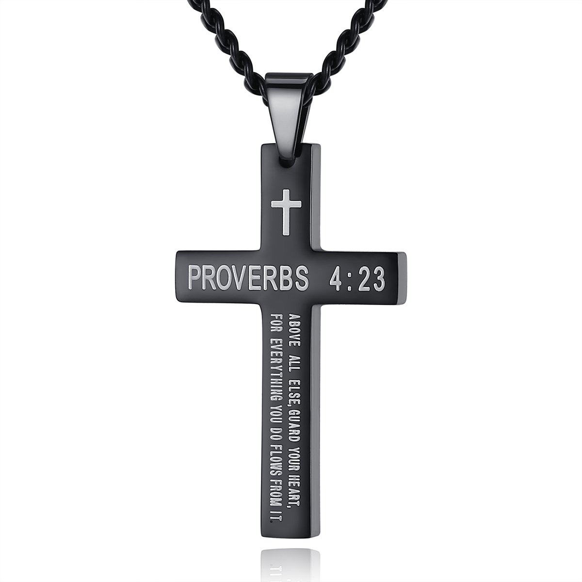 REVEMCN Stainless Steel Cross Pendant Necklace for Men & Boys - Inspirational Bible Verse Jewelry in Black/Silver, 20-24 Inch Curb Chain - Perfect Christian Faith Gift for Baptism, Confirmation & Daily Wear
