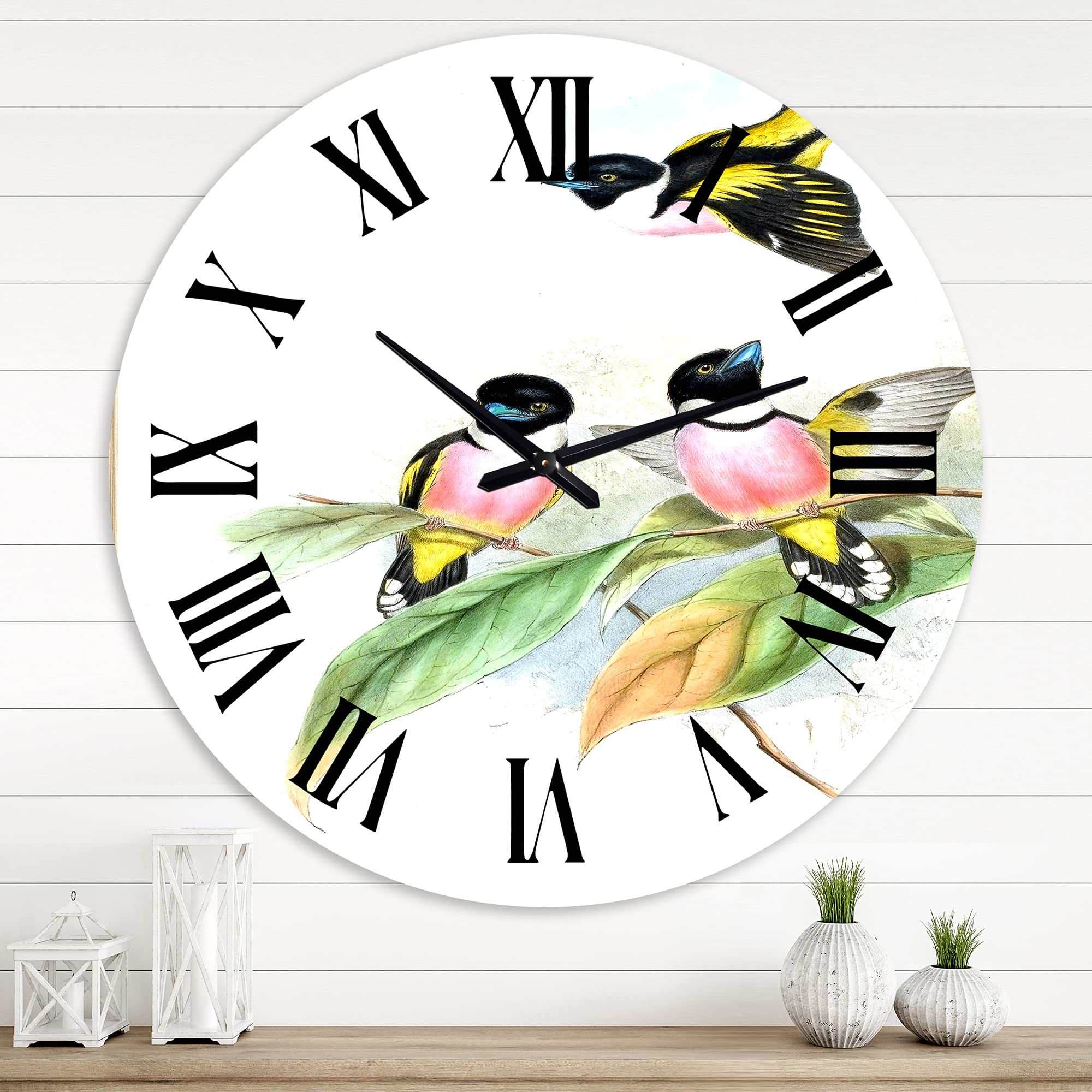 Vintage Birds III Floral Botanical Large Wall Clock - Traditional Home Decor for Living Room, Bedroom & Office - Silent Non-Ticking Battery Operated Clock