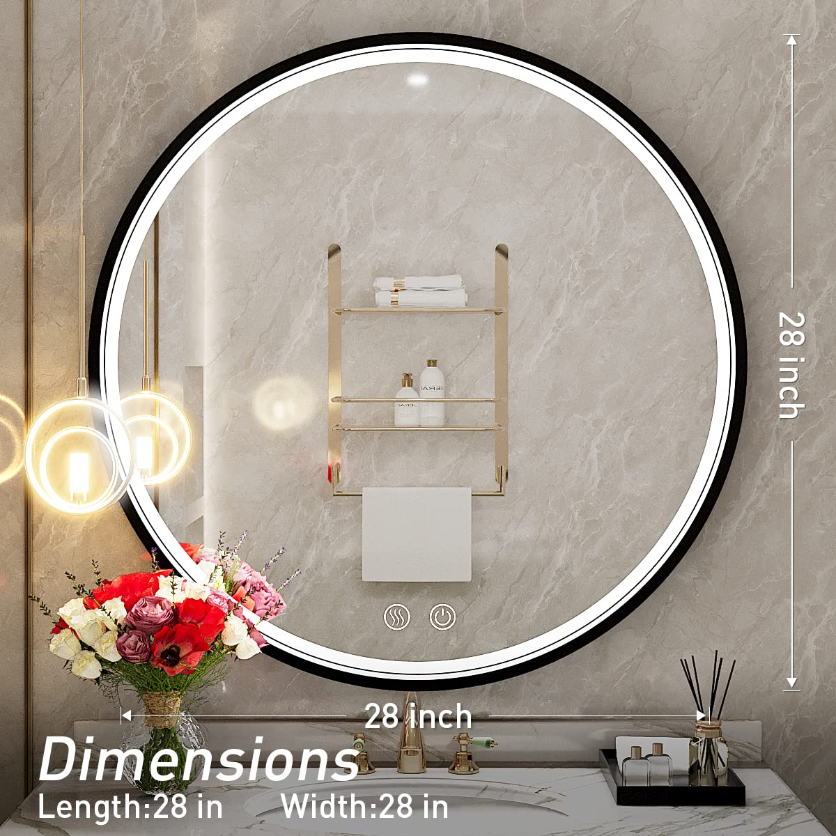 28 Inch LED Round Bathroom Mirror with Light - Anti-Fog, Dimmable Touch Switch, Waterproof IP54, 90+ CRI - Perfect for Vanity, Makeup, Shaving & Bathroom Decor