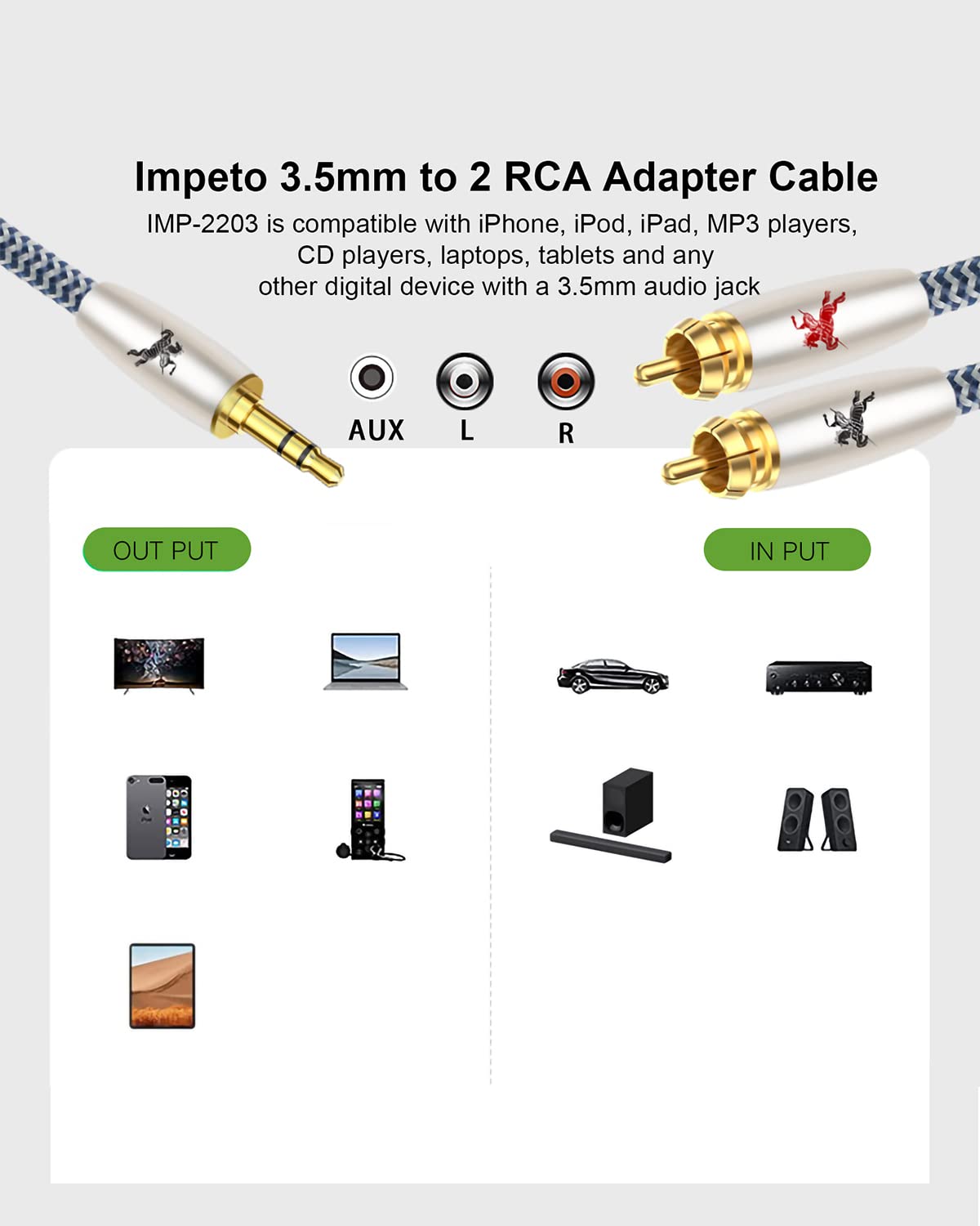 3.5mm to 2RCA Audio Cable - 6.56ft Braided Aux to RCA Male to Male Adapter Cord for Subwoofer, Home Theater & Car Audio Systems | High-Quality 1/8