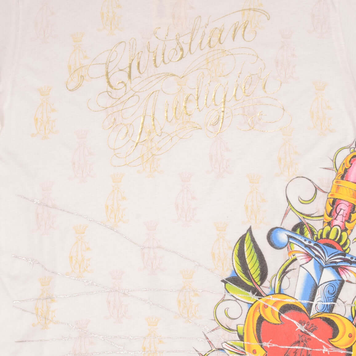 Vintage Christian Audigier All Over Print T-Shirt - 2000s Retro Graphic Tee - Made in USA - Size Large - Casual Wear & Street Style Fashion