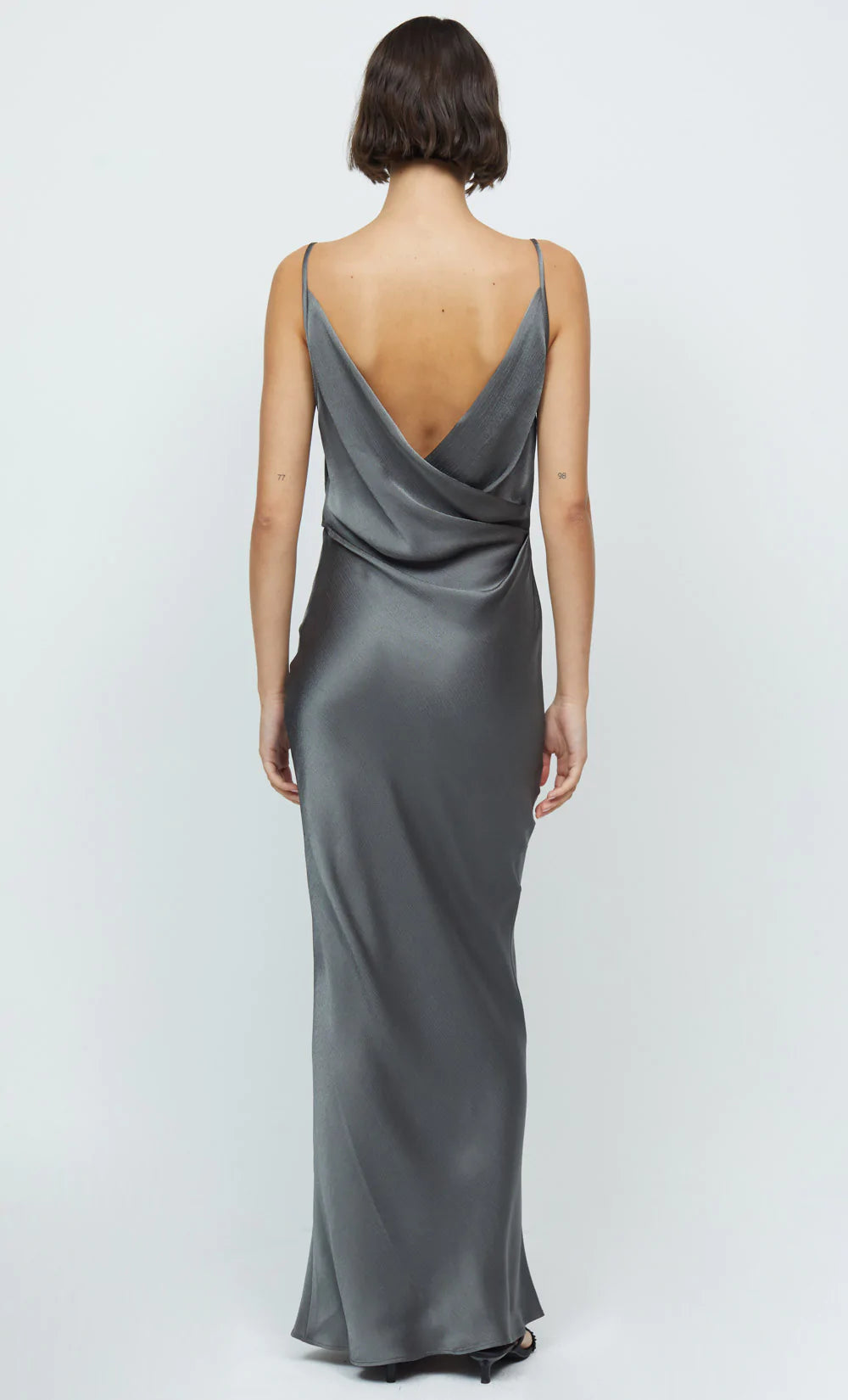 Celestial Cowl Neck Maxi Dress in Gunmetal - Elegant Long Sleeve Flowy Evening Gown for Women | Perfect for Weddings, Parties & Special Occasions