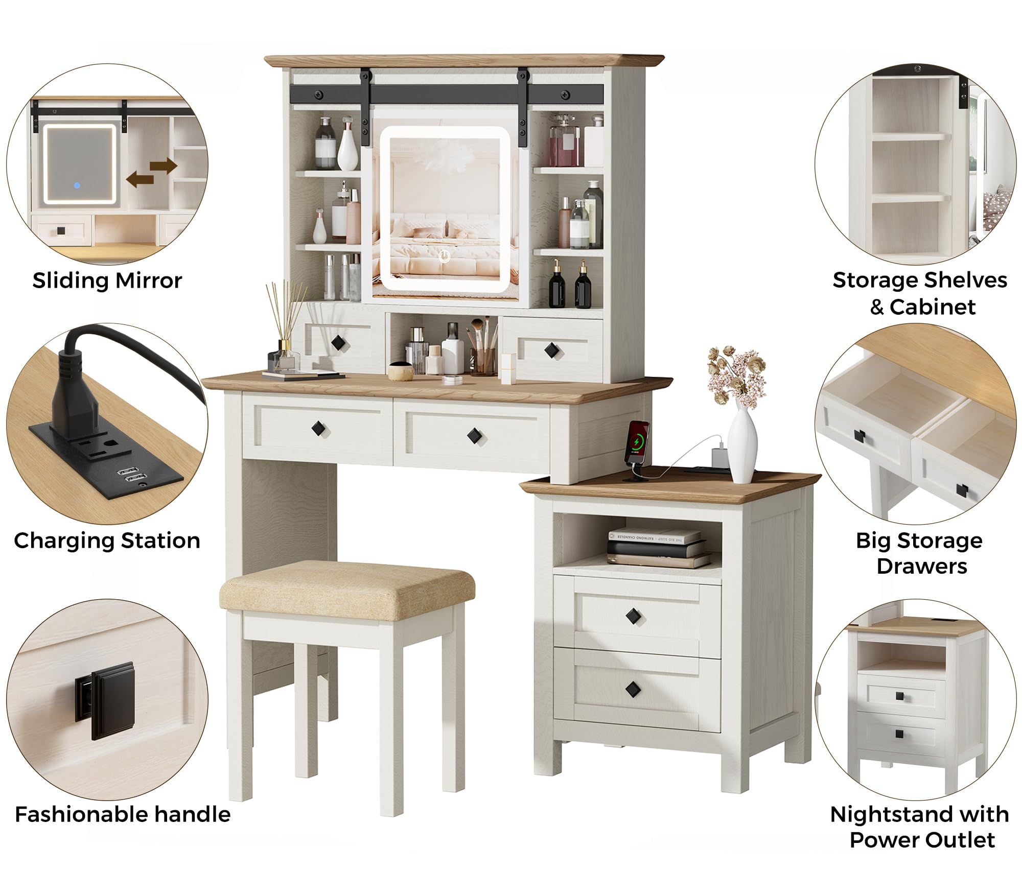 Farmhouse Makeup Vanity Desk with Sliding Mirror, LED Lights & Charging Station - Antique White Vanity Table Set with 6 Drawers, Nightstand & Stool for Bedroom | 3 Color Lighting Options | Perfect for Women & Girls Makeup Routine (UBDT56W)