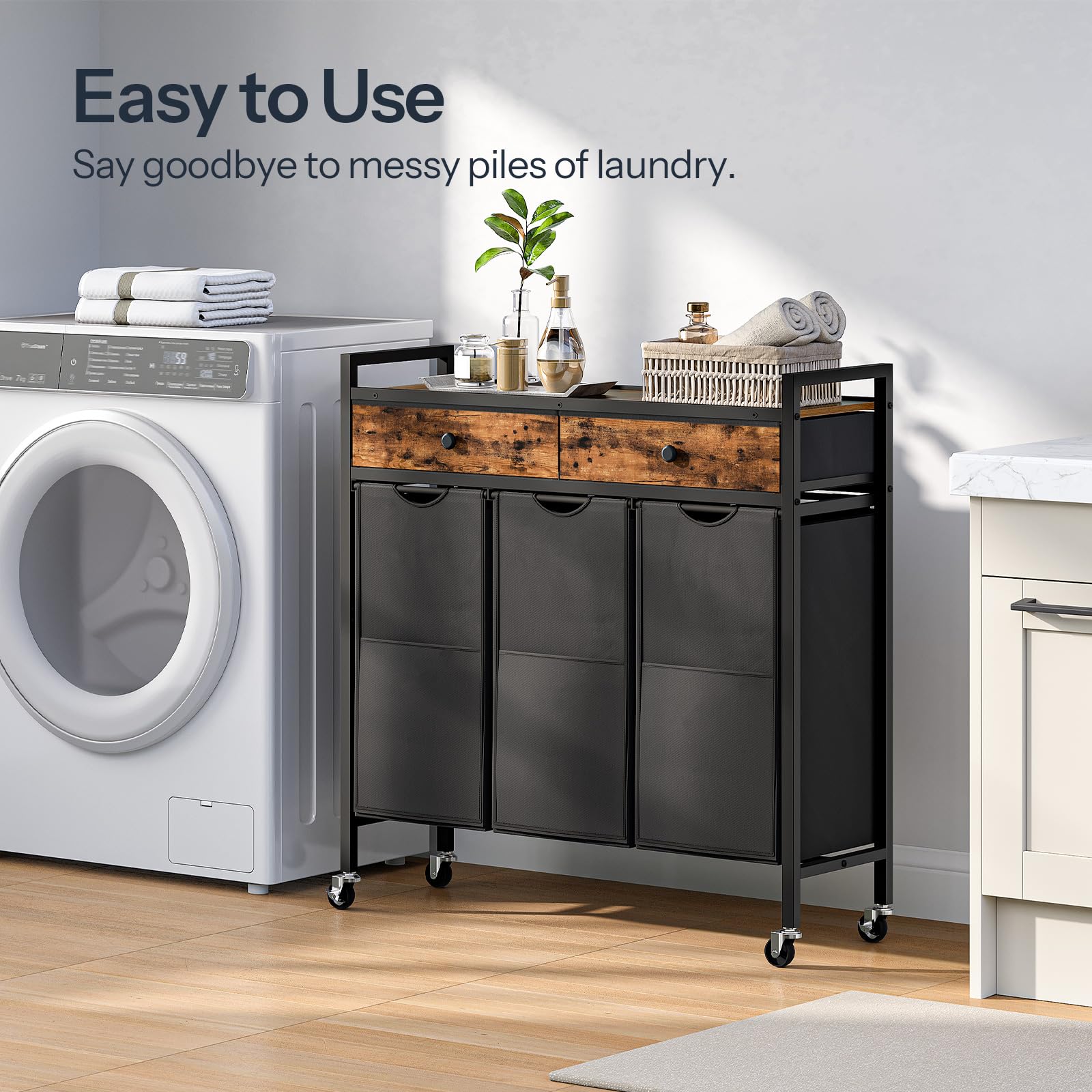 HOOBRO 3-Section Laundry Sorter Hamper with 2 Drawers & Removable Bags, 130L Rolling Laundry Basket for Bedroom, Bathroom, and Laundry Room Organization - Rustic Brown & Black (Model BF78XY01) | Perfect for Small Spaces, Apartments, and Home Organization