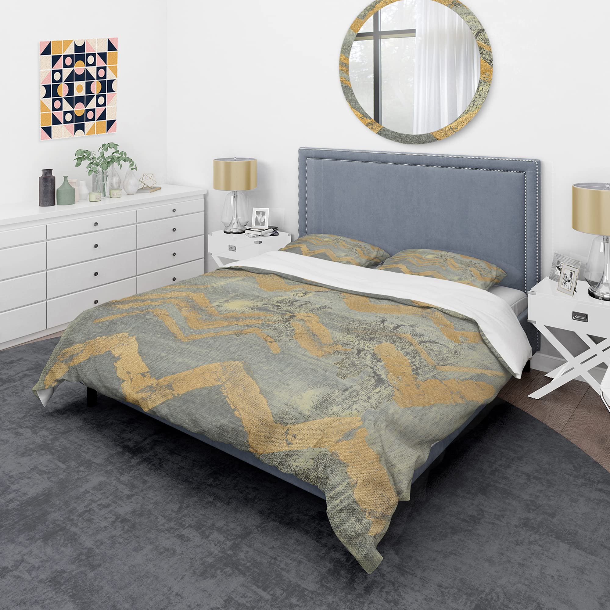 DesignQ Glam Metallic Form III Modern Duvet Cover Set - Queen Size Gold Abstract Bedding 3-Piece Set | All Season Contemporary Luxury Bedding for Master Bedroom & Guest Room Decor