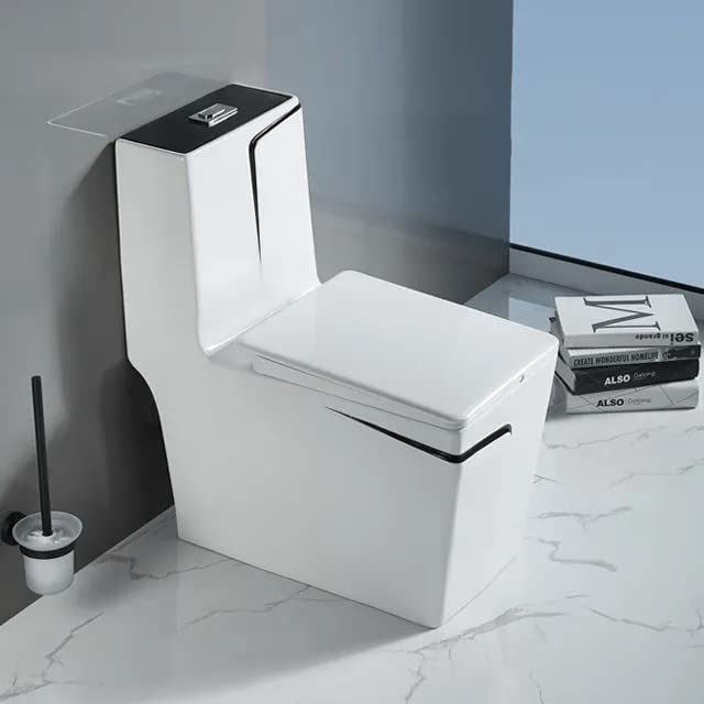 InArt Syphonic Washdown Flush Ceramic One-Piece Western Toilet - Glossy Black & White Modern Water Closet Commode for Bathroom, Home & Office Use