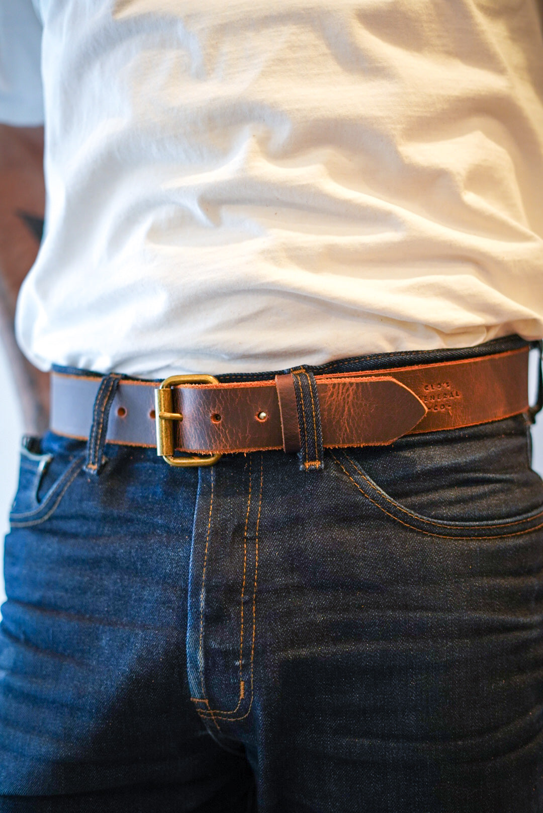 Water Buffalo Leather Belt for Men - Medium Brown with Brushed Brass Buckle | Durable Genuine Leather Belt | Perfect for Casual Wear, Office & Formal Occasions