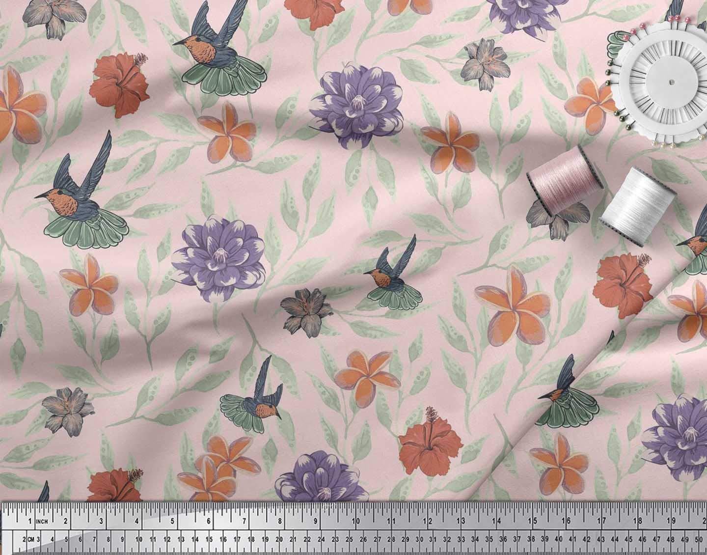 Soimoi Moss Georgette Pink Fabric by The Yard - 42 Inch Wide Flying Bird Floral Printed Fabric for DIY Crafts, Dressmaking & Home Decor - Whimsical Playful Pattern Material