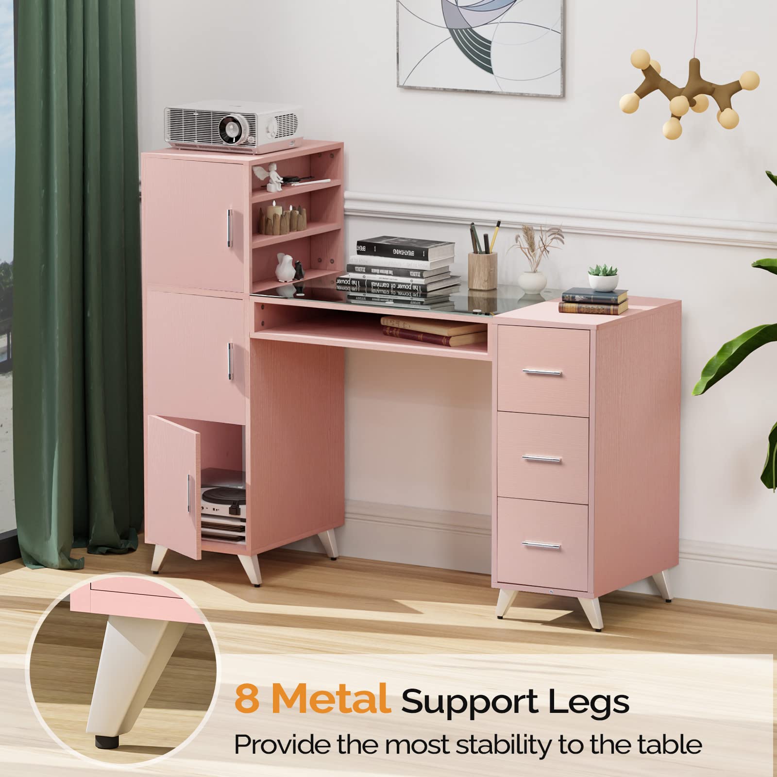 Professional Manicure Table with Glass Top & Wrist Rest - Nail Tech Station with 3 Side Cabinets, 3 Drawers & Open Storage - Acetone-Resistant Beauty Salon Furniture for Nail Art, Pedicure & Spa Treatments (Perfect for Home Salons & Professional Nail Studios)