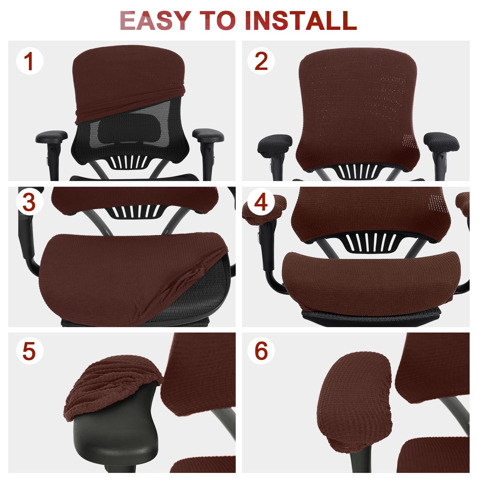 Tallew 4-Piece Office Chair Cover Set - Universal Stretchable Computer Chair Covers with Seat, Armrest & Backrest Pads - Dark Brown Polyester Slipcovers for Home & Office Workspace (Ergonomic Support & Protection)