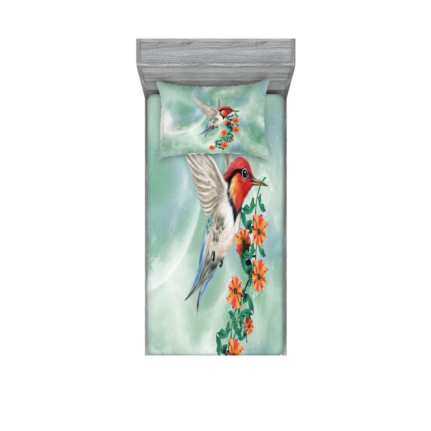 Ambesonne 2-Pack Twin Size Fitted Sheets & Pillow Sham Set - Bird with Flower Branch Design, 4-Piece Bedding Set in Orange & Green | Perfect for Kids' Rooms, Guest Bedrooms & Dorm Decor