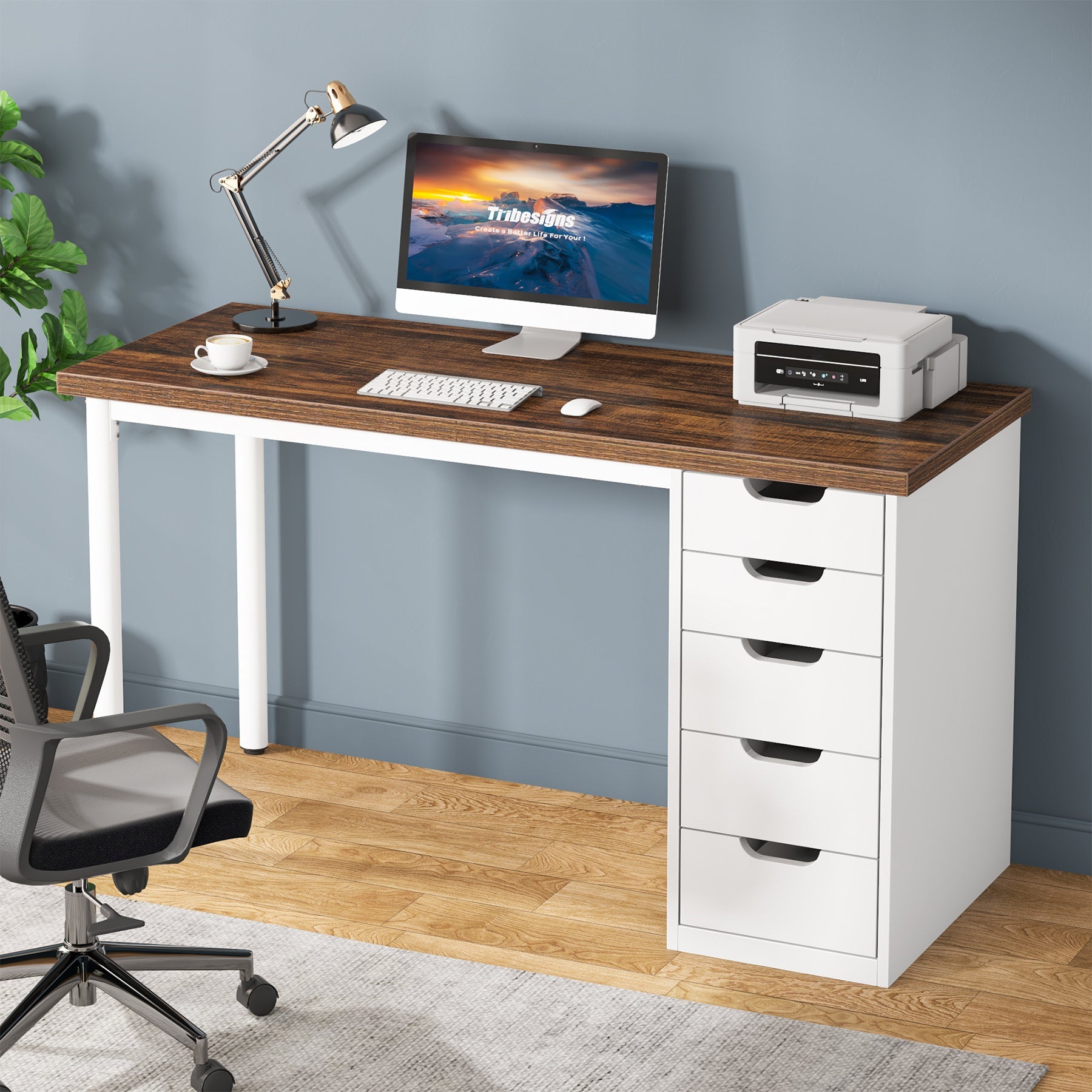47 Inch Modern Computer Desk with 5 Drawers - Sturdy Study & Writing Desk for Home Office, Gaming, and Workspace Organization