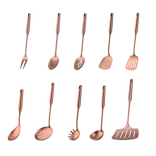 Premium 18/8 Stainless Steel Kitchen Utensil Set - 10 Piece Rose Gold Cooking Tools with Long Handles for Nonstick Cookware | Ideal for Sauteing, Frying, Baking & Everyday Cooking